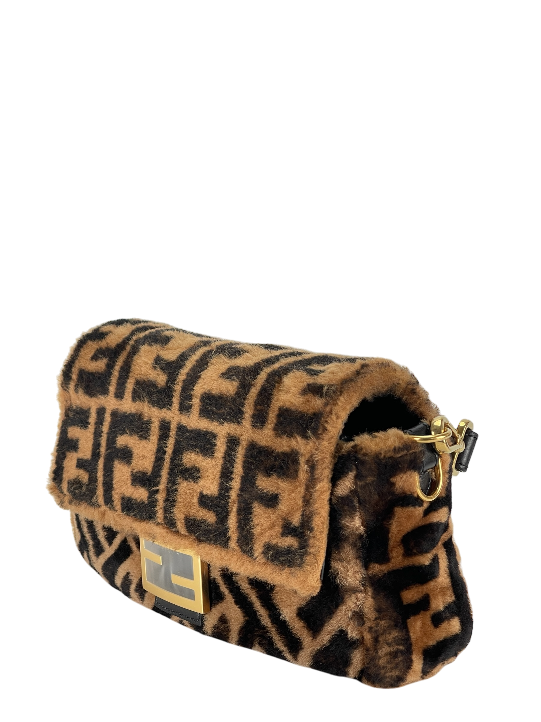 FENDI - Brown Zucca Shearling and Leather Baguette Shoulder Bag