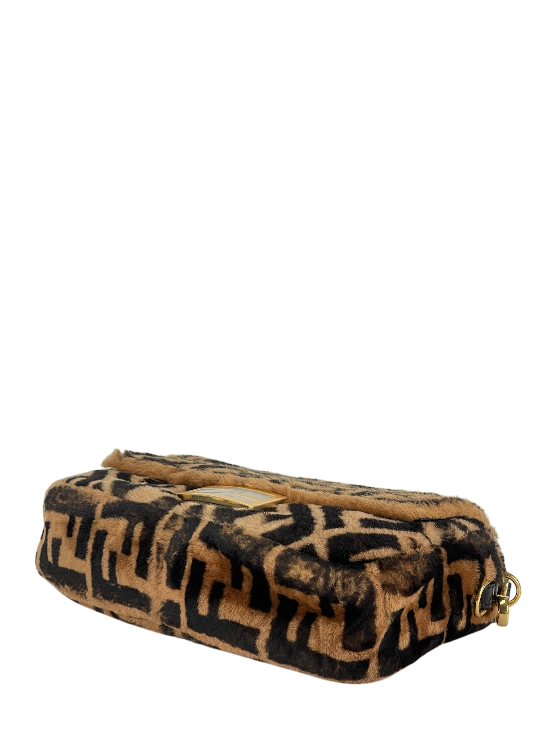 FENDI - Brown Zucca Shearling and Leather Baguette Shoulder Bag