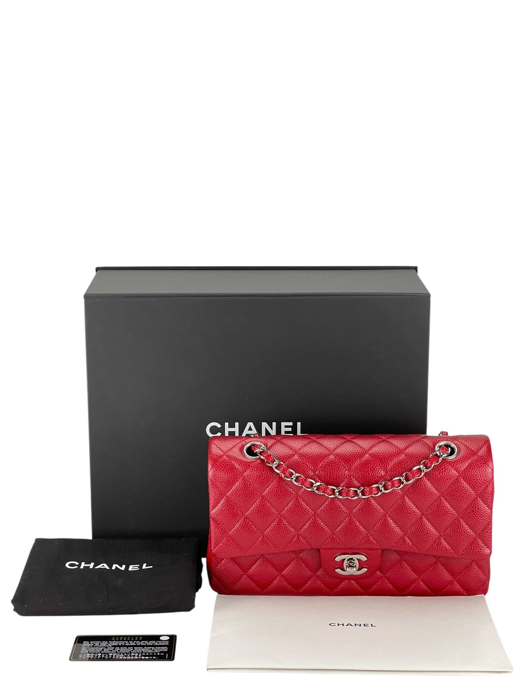 CHANEL - Medium Classic Double Flap Bag Shine Red Caviar Sliver Hardware (CF25)