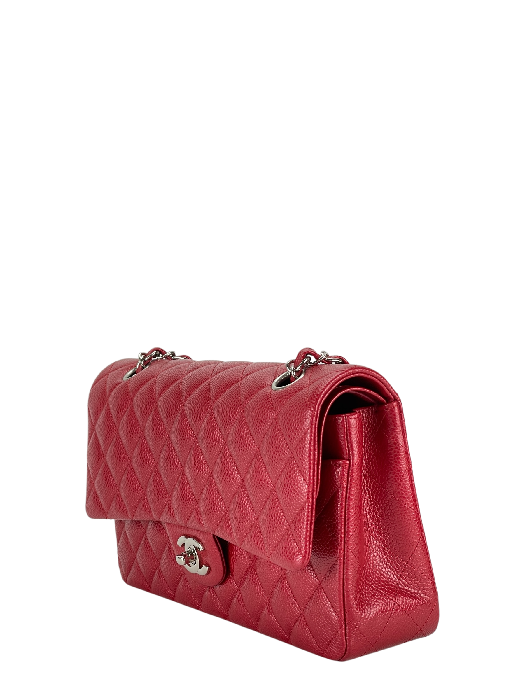 CHANEL - Medium Classic Double Flap Bag Shine Red Caviar Sliver Hardware (CF25)