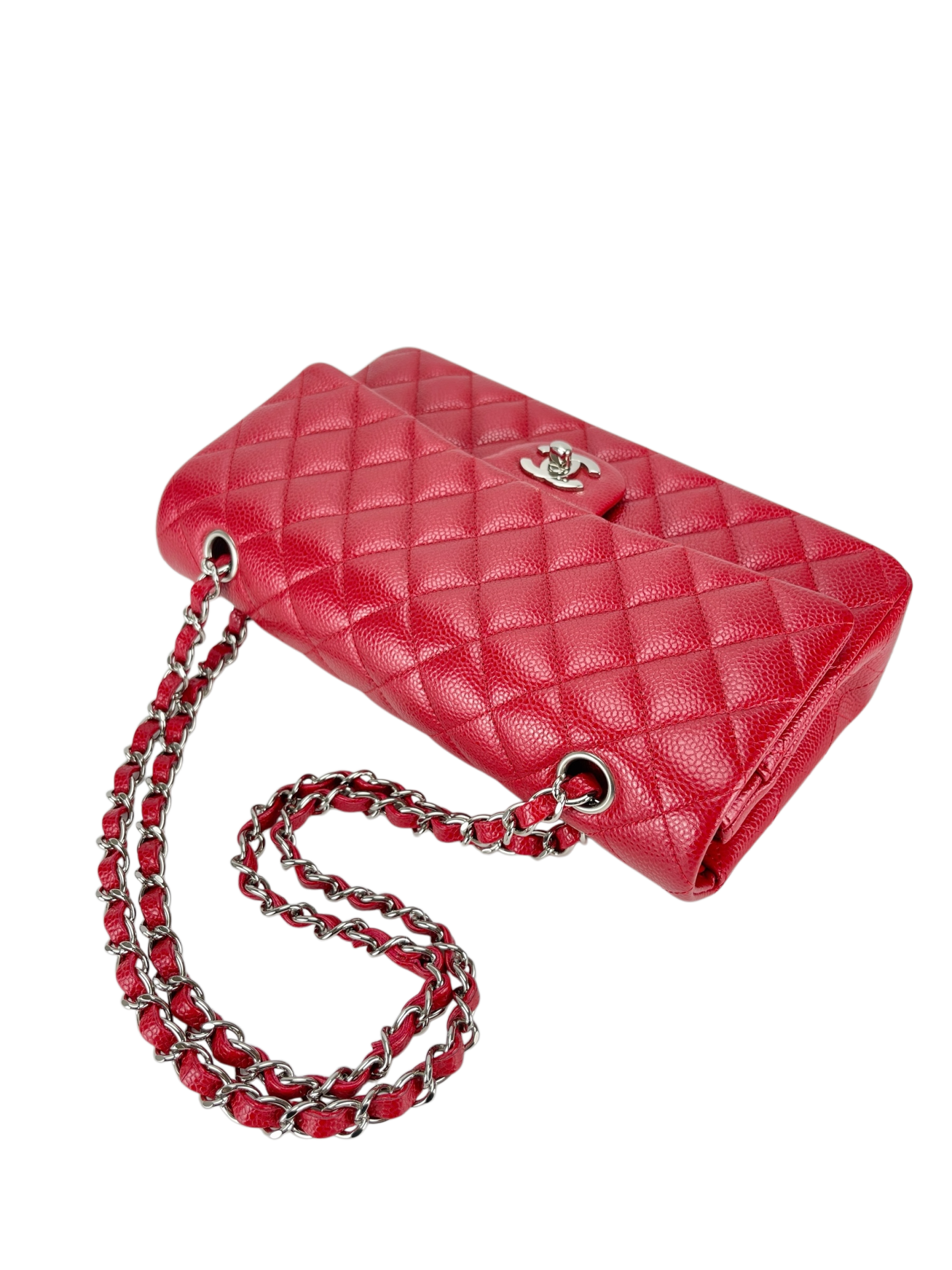 CHANEL - Medium Classic Double Flap Bag Shine Red Caviar Sliver Hardware (CF25)