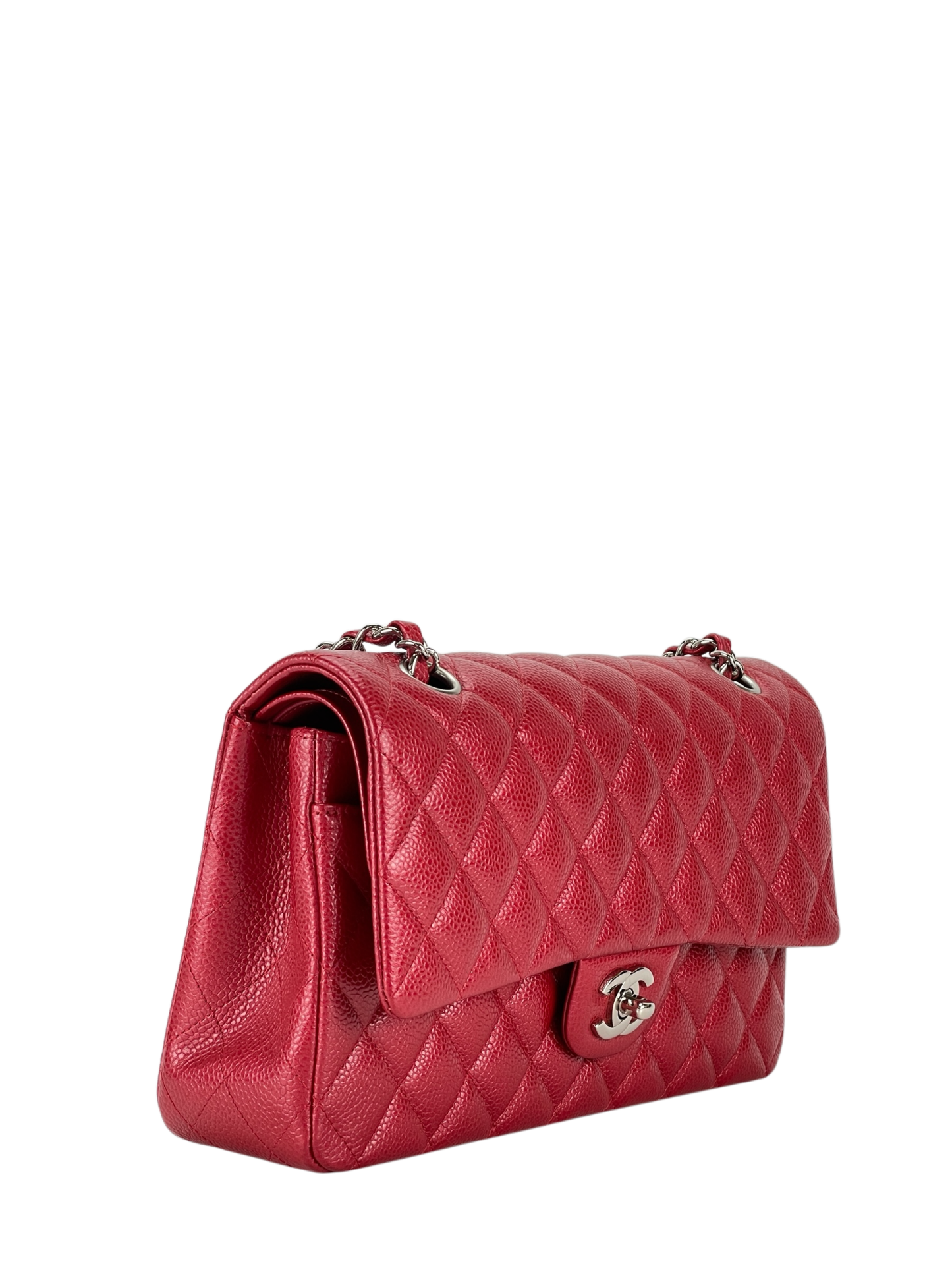 CHANEL - Medium Classic Double Flap Bag Shine Red Caviar Sliver Hardware (CF25)