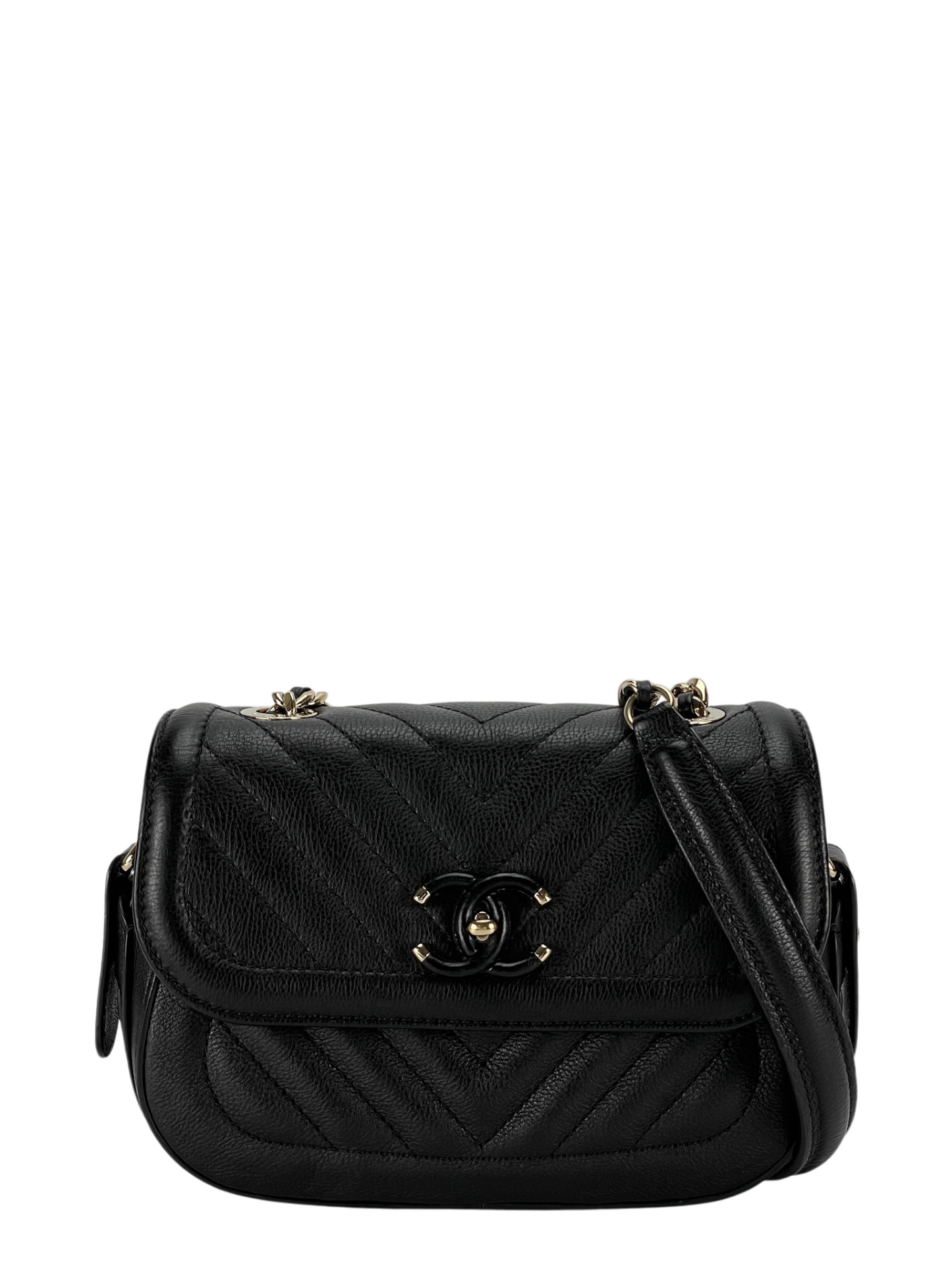CHANEL - V-stitch Shoulder Bag Black Calfskin
