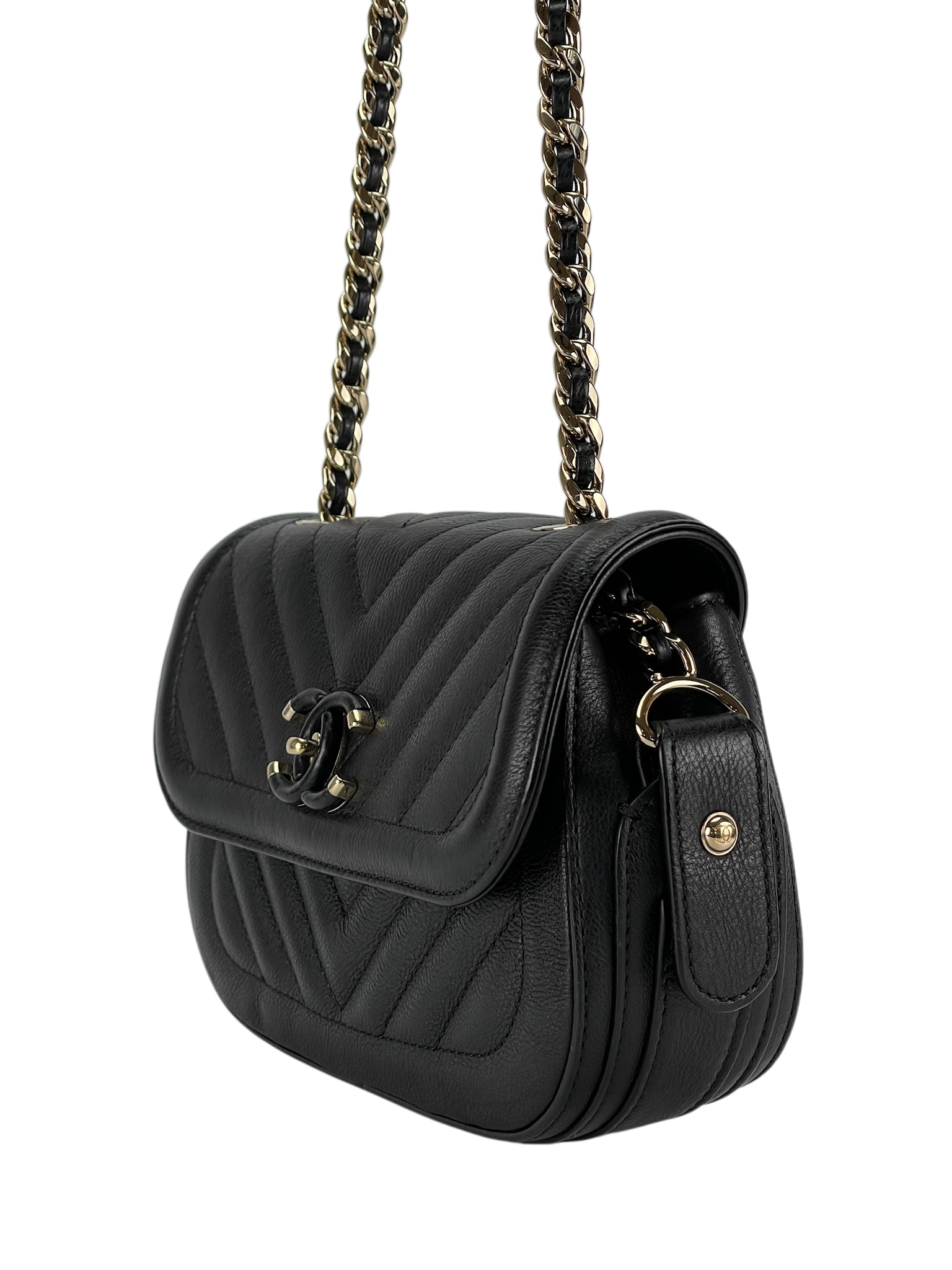 CHANEL - V-stitch Shoulder Bag Black Calfskin