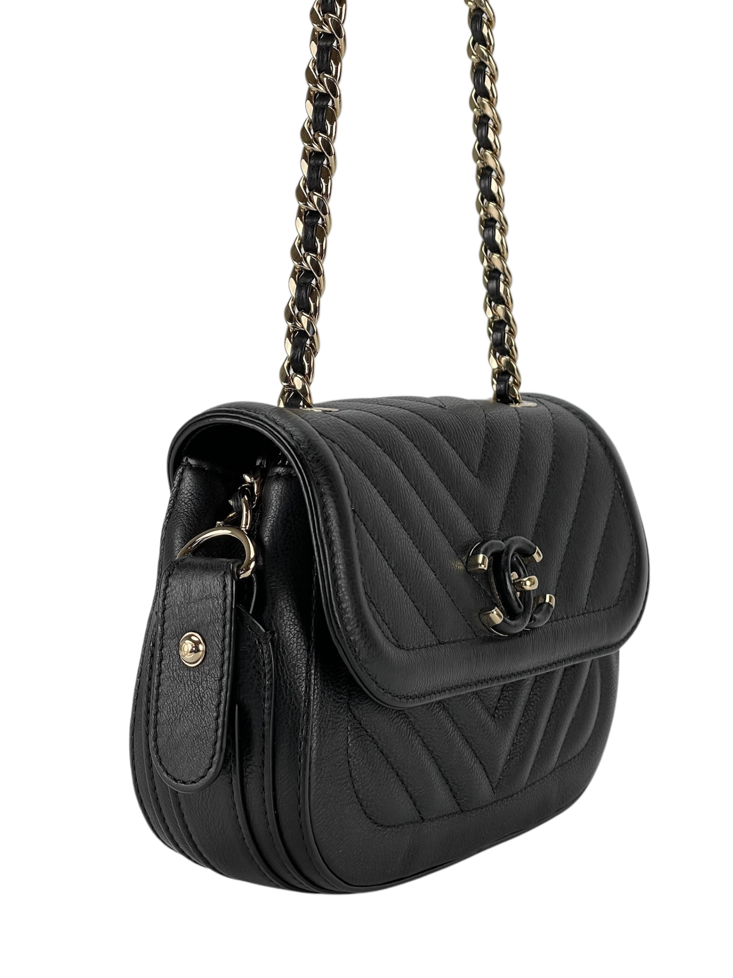 CHANEL - V-stitch Shoulder Bag Black Calfskin