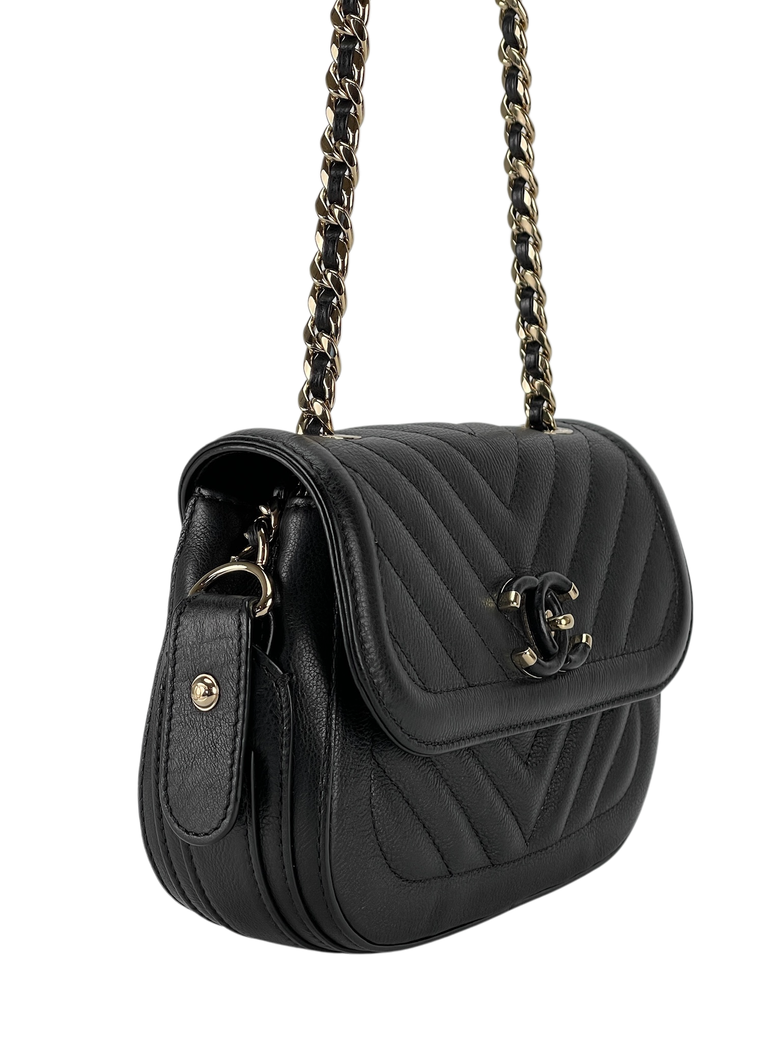 CHANEL - V-stitch Shoulder Bag Black Calfskin