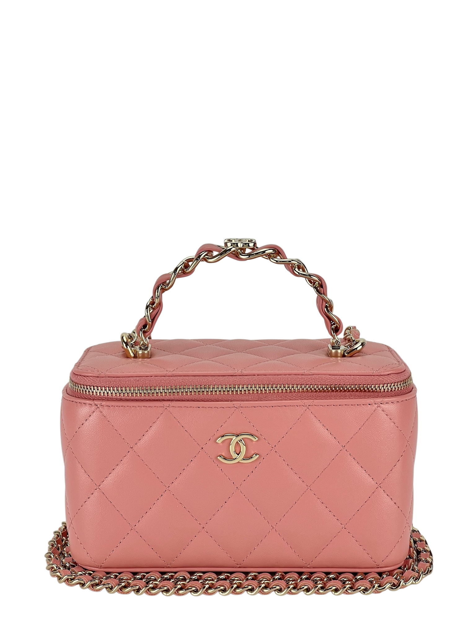 CHANEL - Pick Me Up Logo Handle Vanity Case with Chain Pink Quilted Lambskin