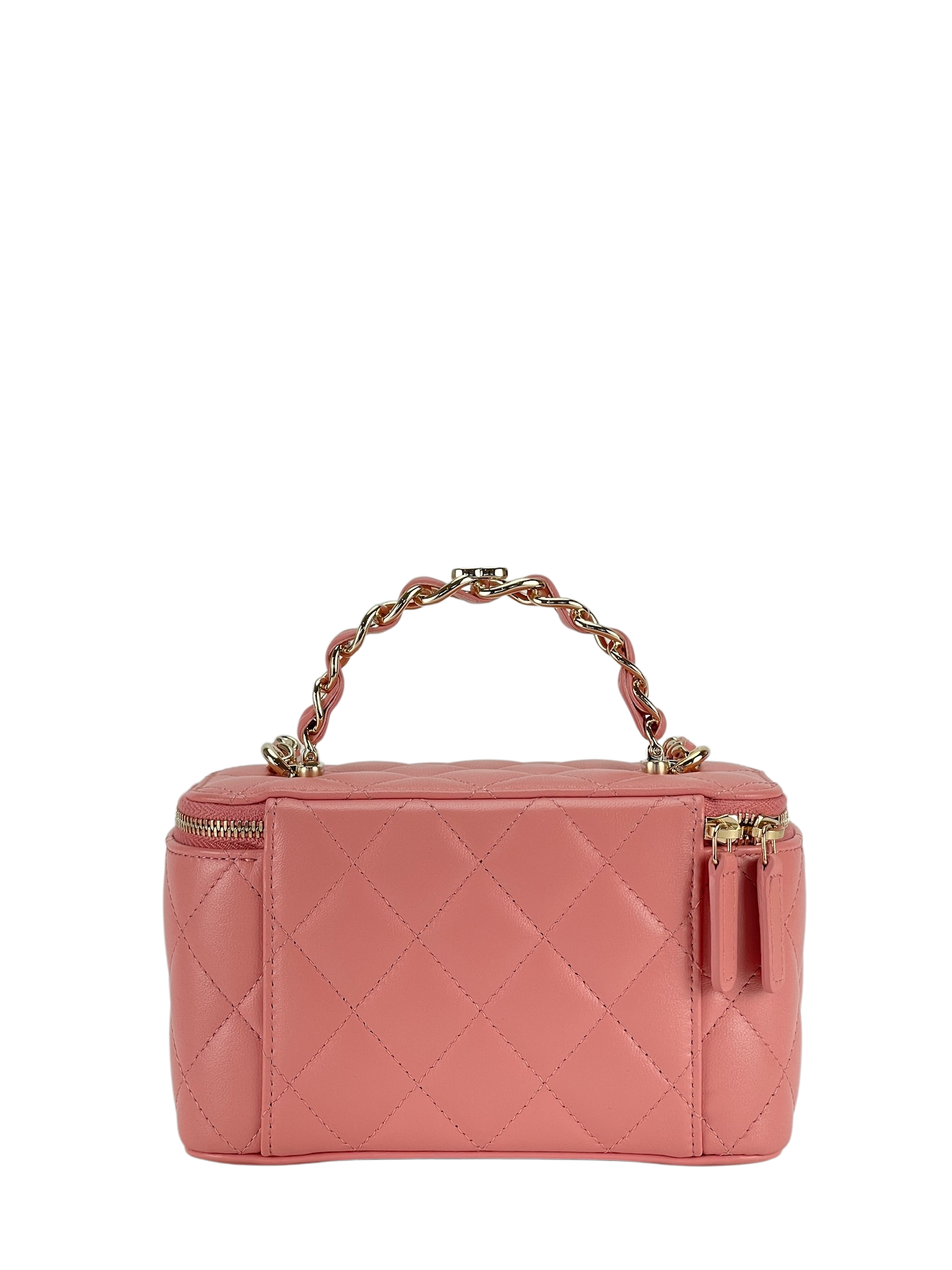 CHANEL - Pick Me Up Logo Handle Vanity Case with Chain Pink Quilted Lambskin