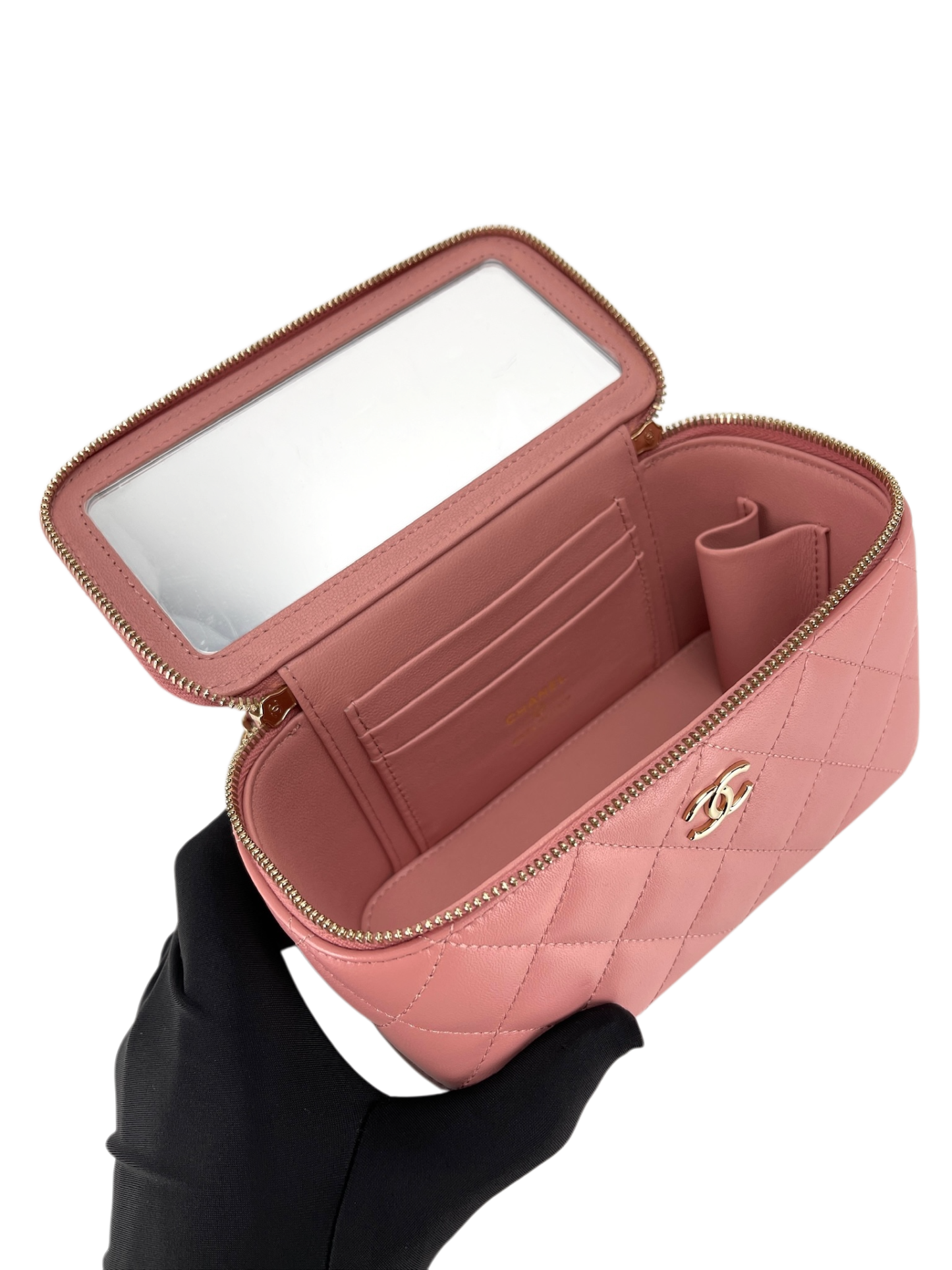 CHANEL - Pick Me Up Logo Handle Vanity Case with Chain Pink Quilted Lambskin