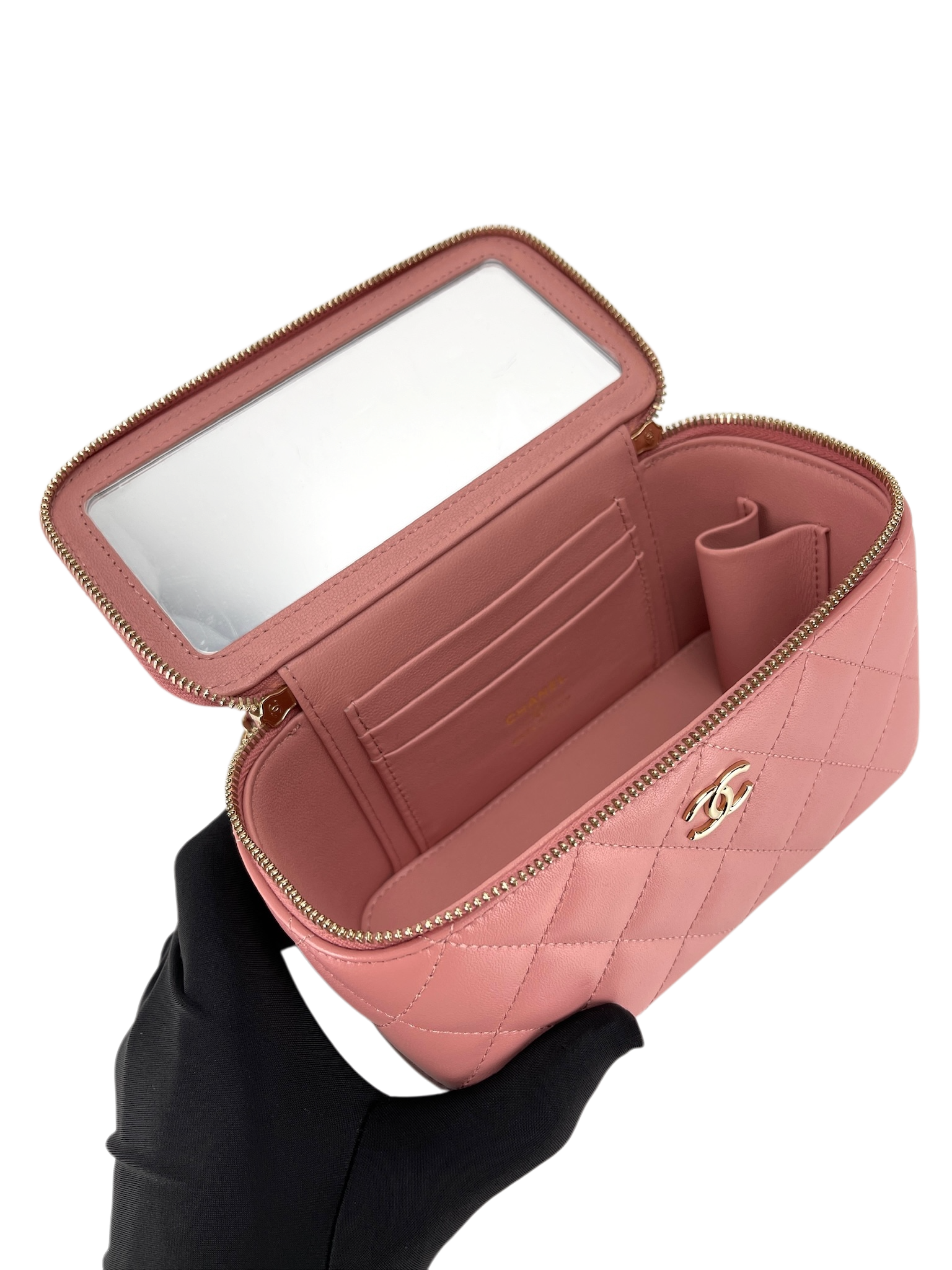 CHANEL - Pick Me Up Logo Handle Vanity Case with Chain Pink Quilted Lambskin