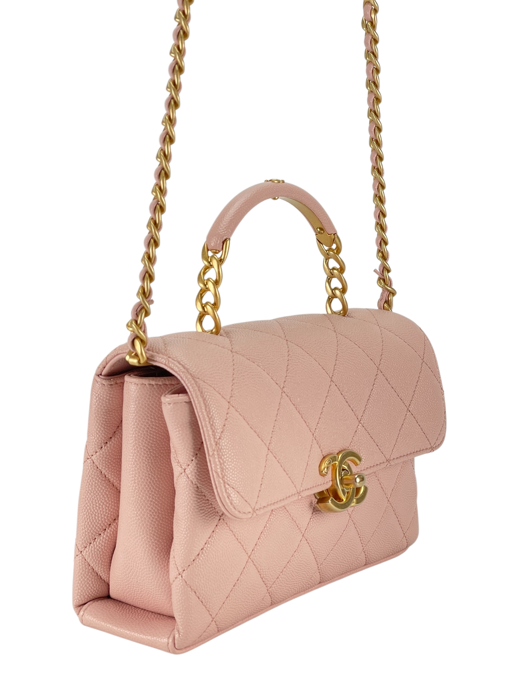 CHANEL - Mini Top Handle Flap Bag Pink Caviar Aged Gold Hardware