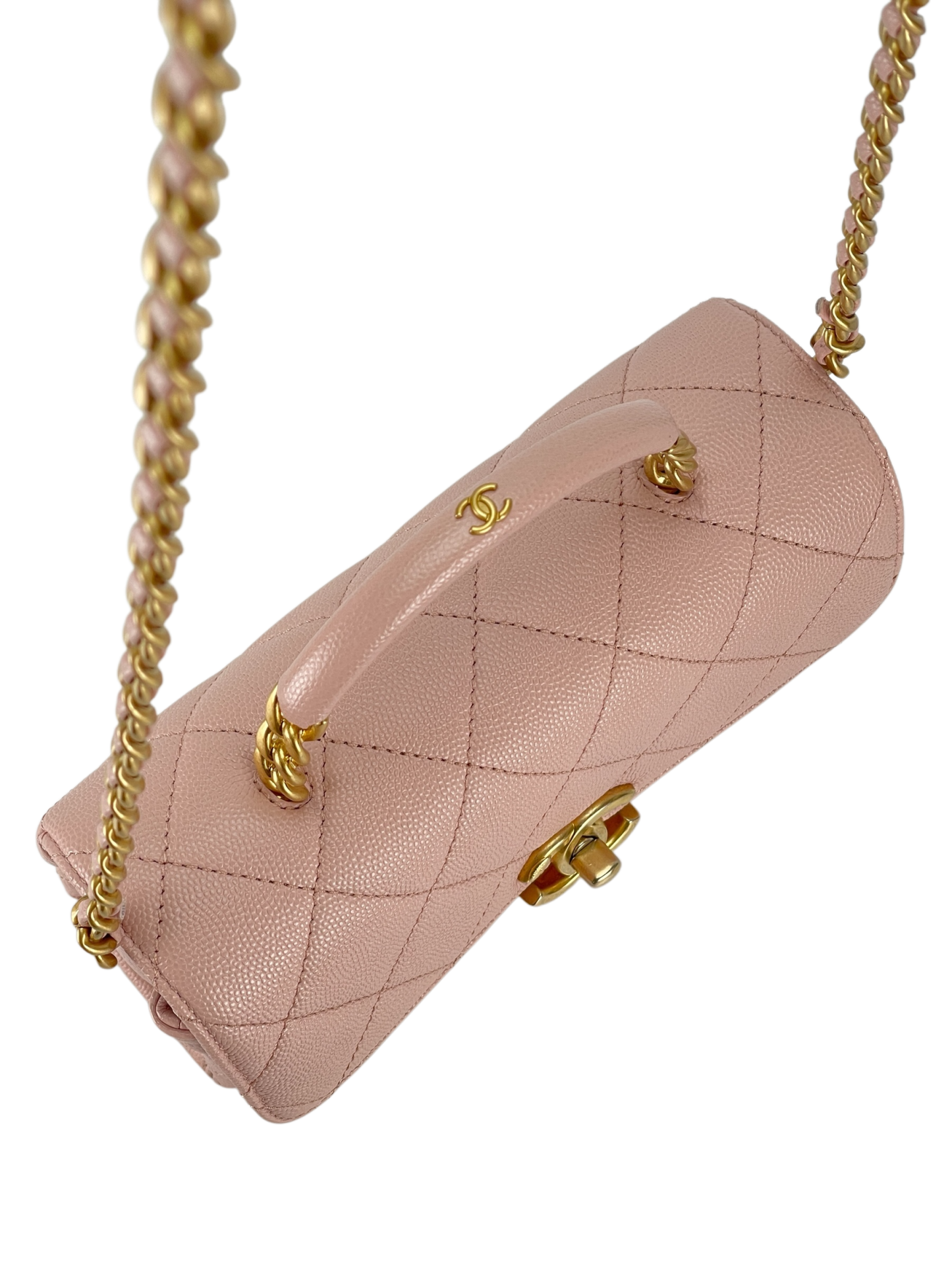 CHANEL - Mini Top Handle Flap Bag Pink Caviar Aged Gold Hardware