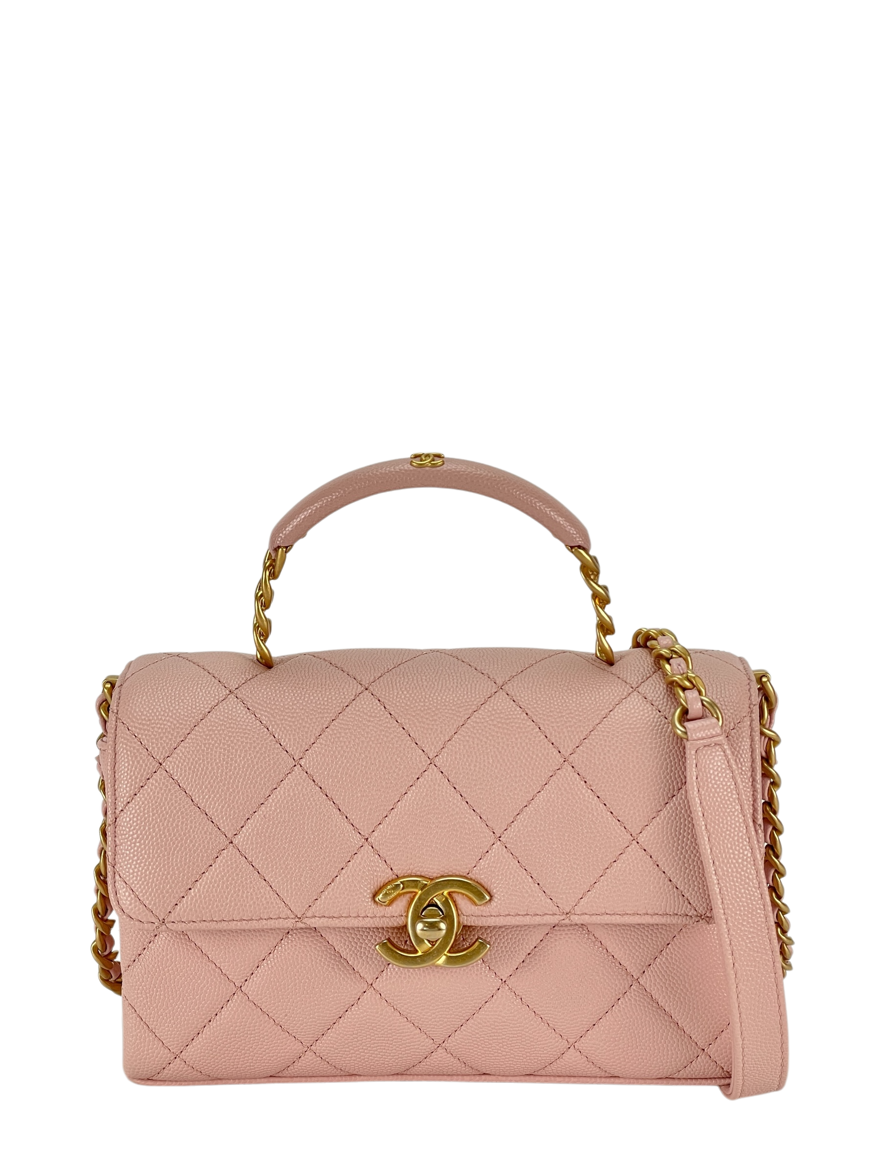 CHANEL - Mini Top Handle Flap Bag Pink Caviar Aged Gold Hardware