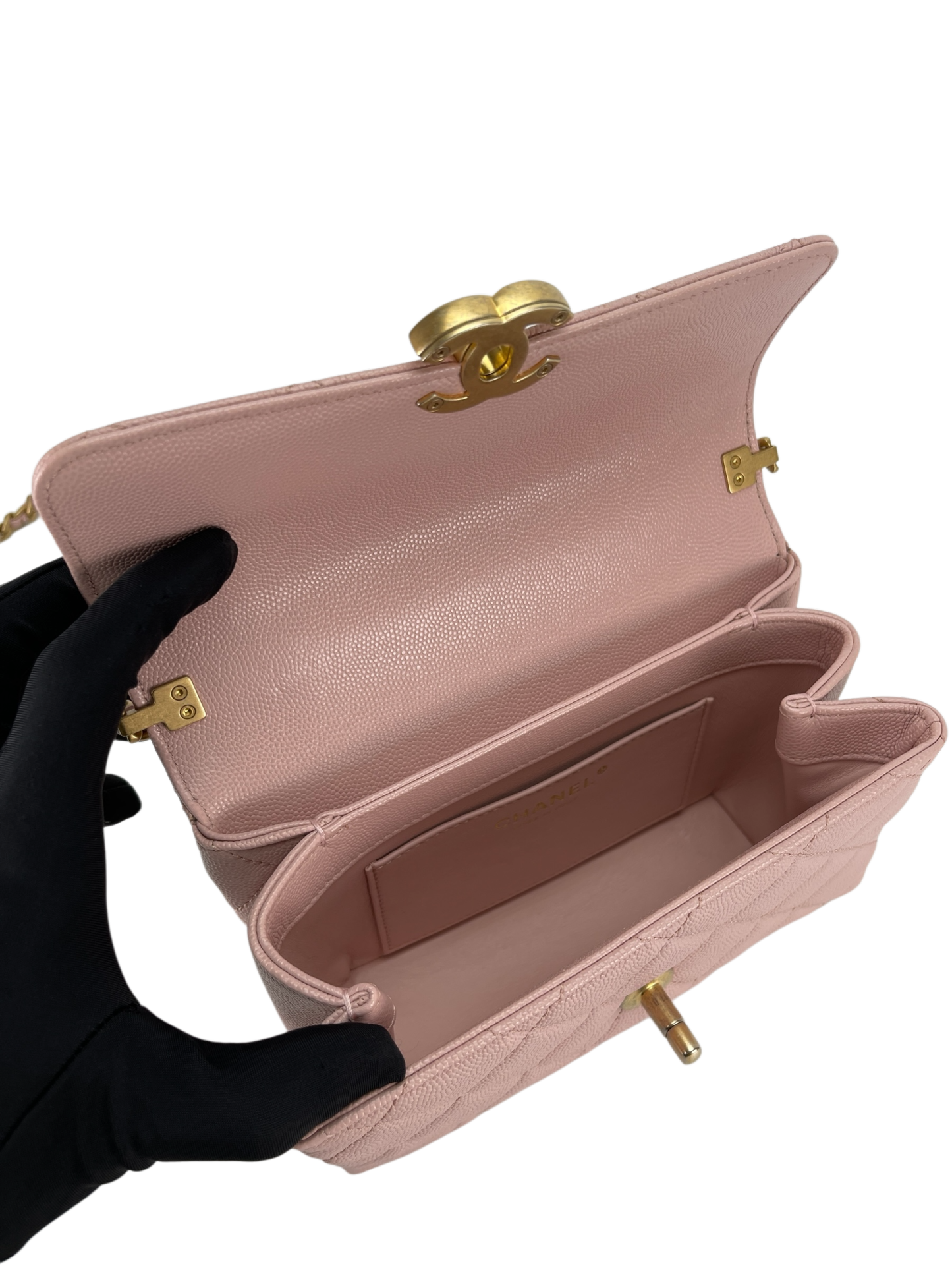 CHANEL - Mini Top Handle Flap Bag Pink Caviar Aged Gold Hardware