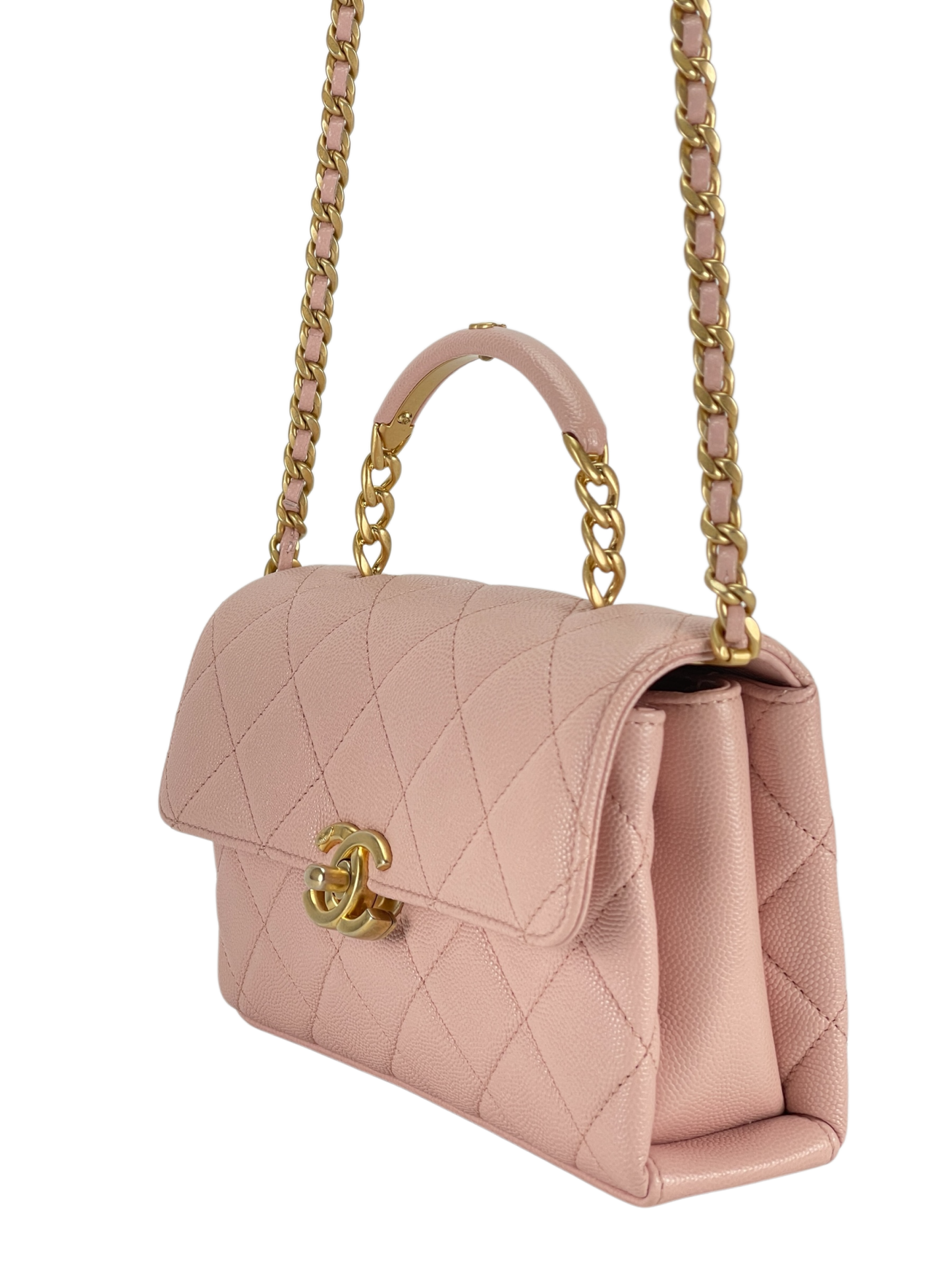CHANEL - Mini Top Handle Flap Bag Pink Caviar Aged Gold Hardware