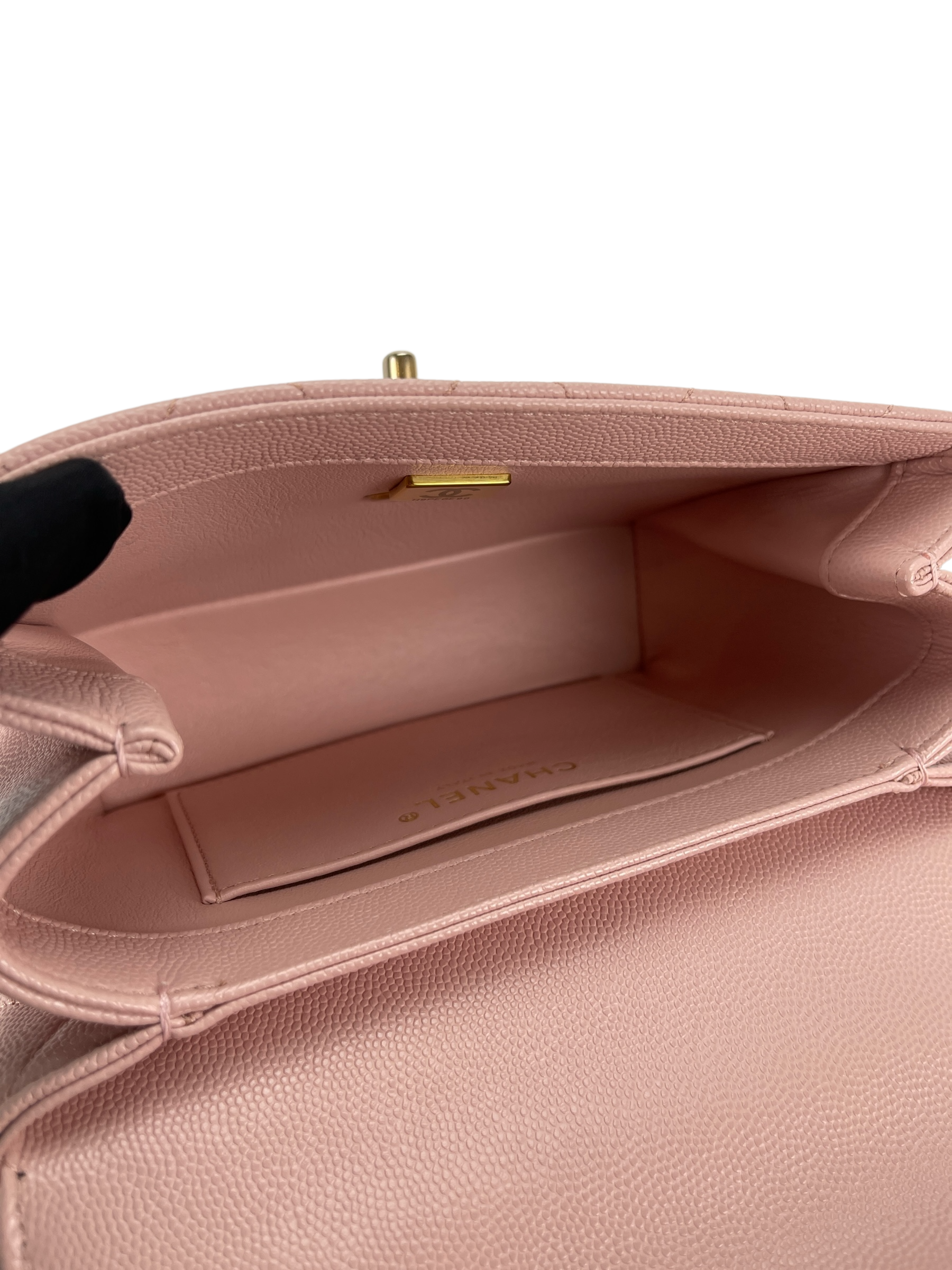 CHANEL - Mini Top Handle Flap Bag Pink Caviar Aged Gold Hardware