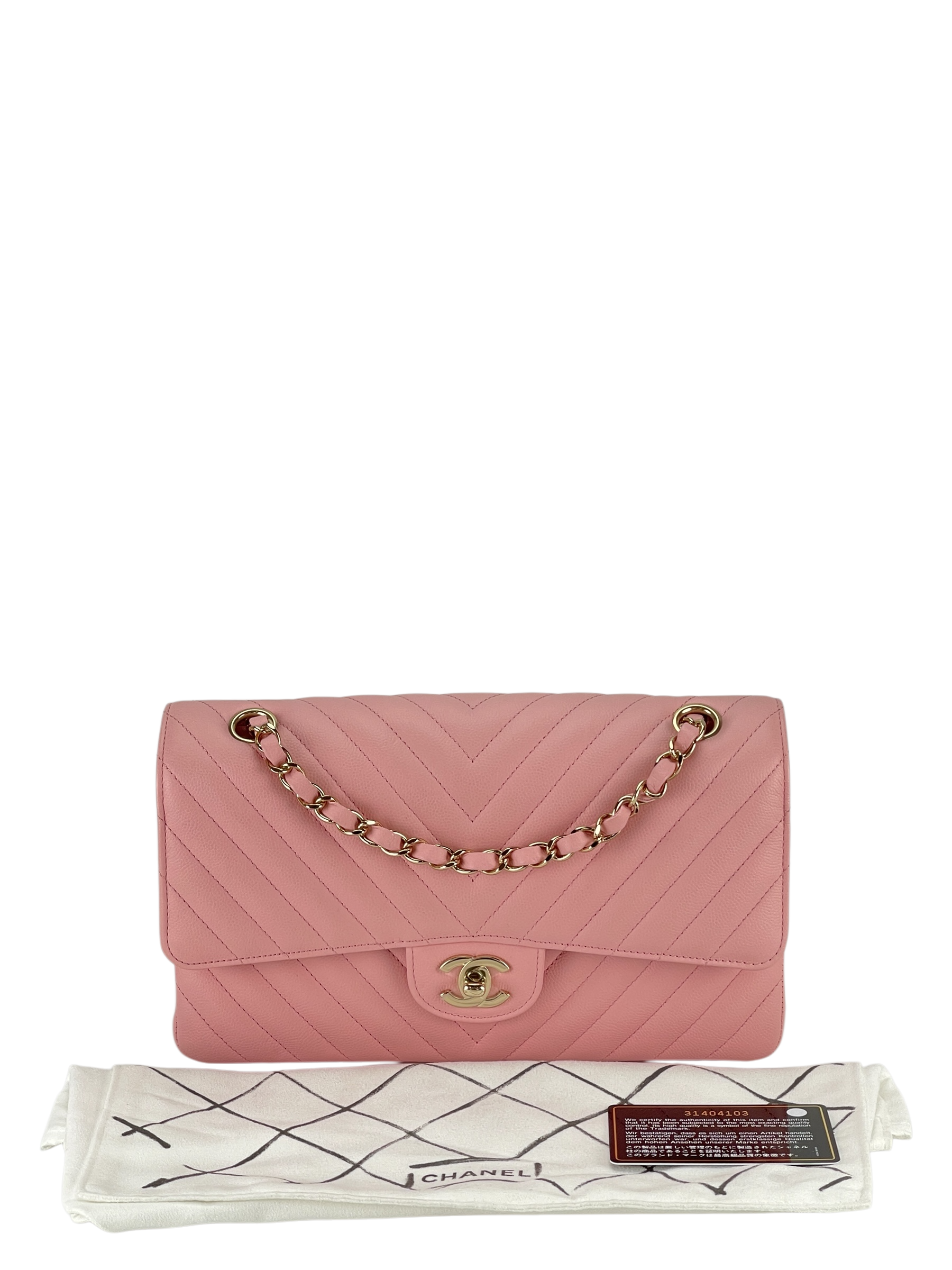 CHANEL - Chevron Quilted Small Double Flap Pink Caviar