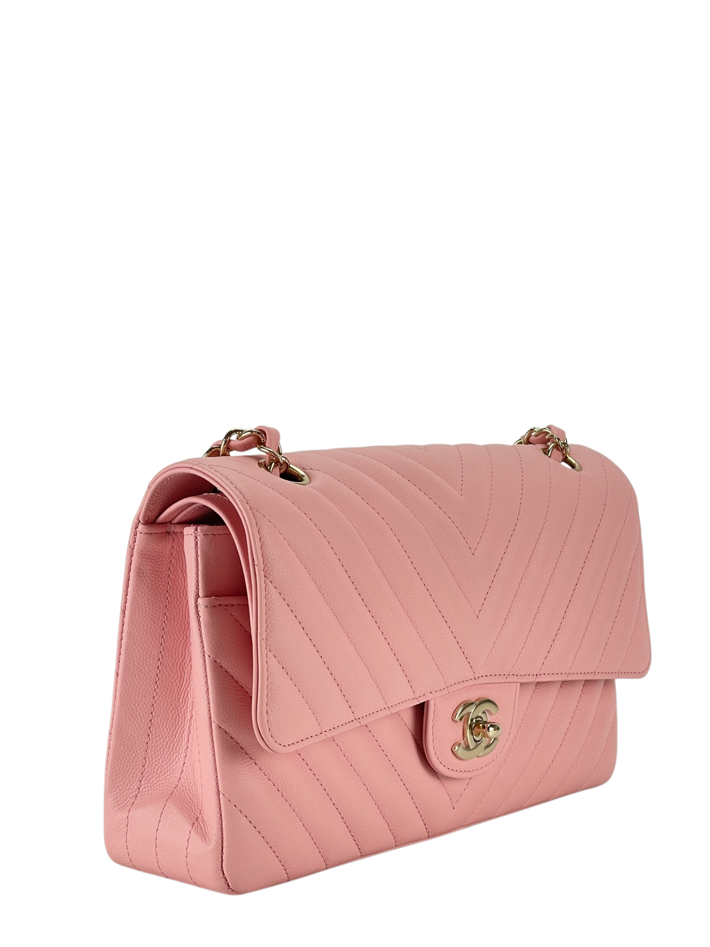 CHANEL - Chevron Quilted Small Double Flap Pink Caviar