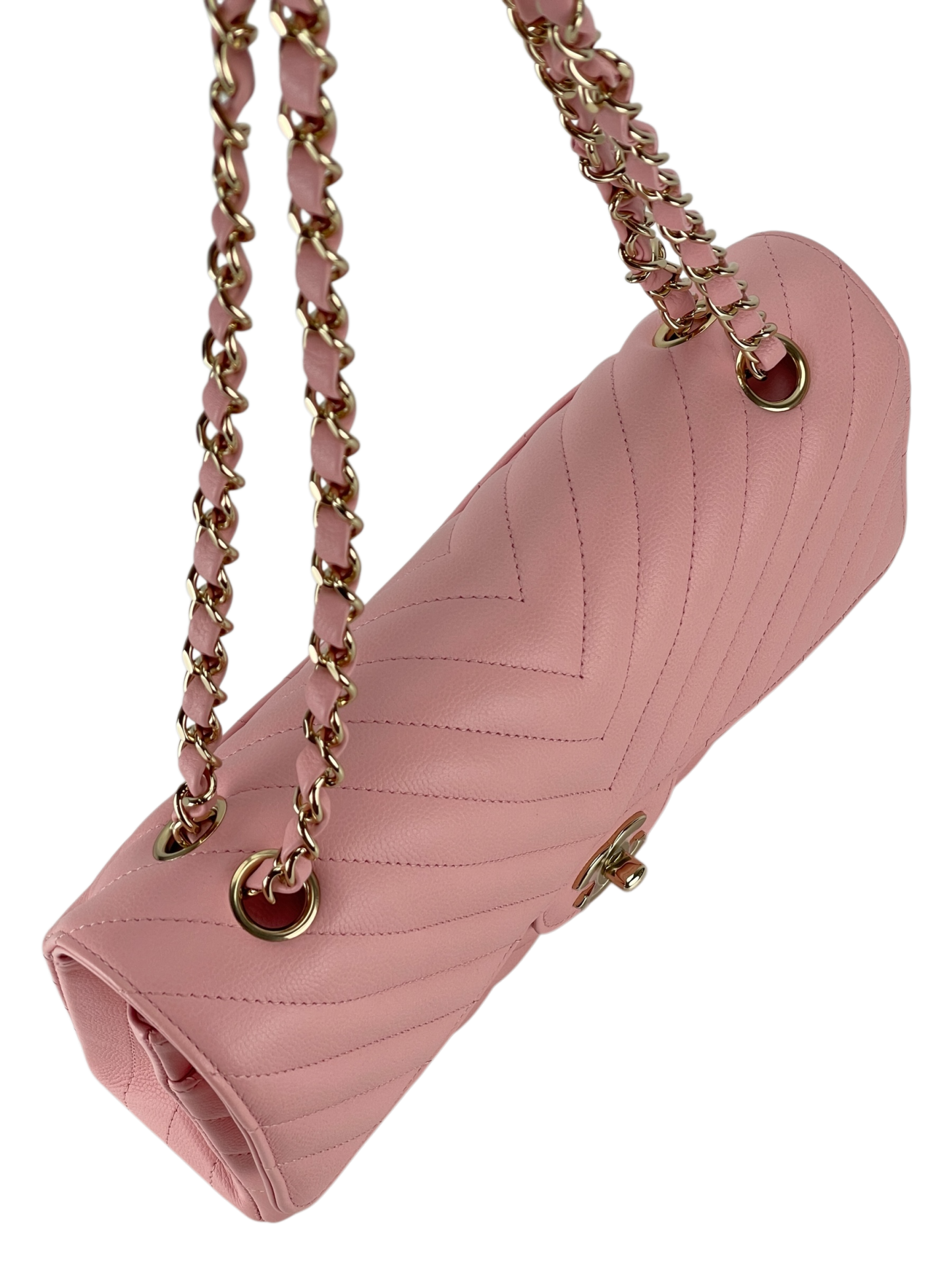 CHANEL - Chevron Quilted Small Double Flap Pink Caviar