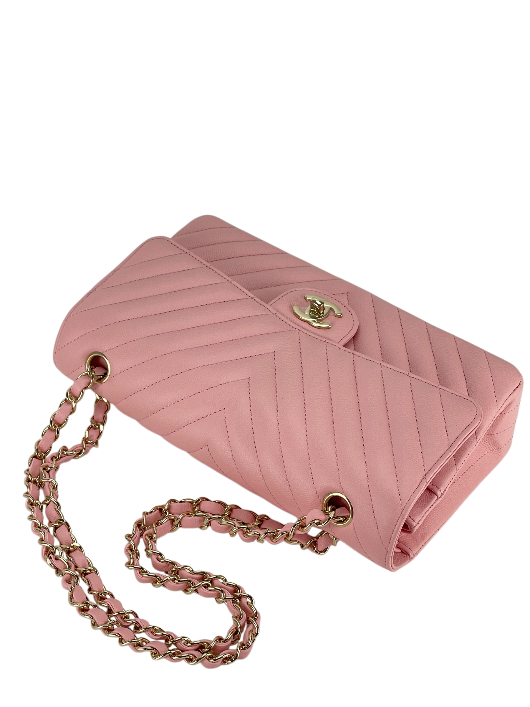 CHANEL - Chevron Quilted Small Double Flap Pink Caviar