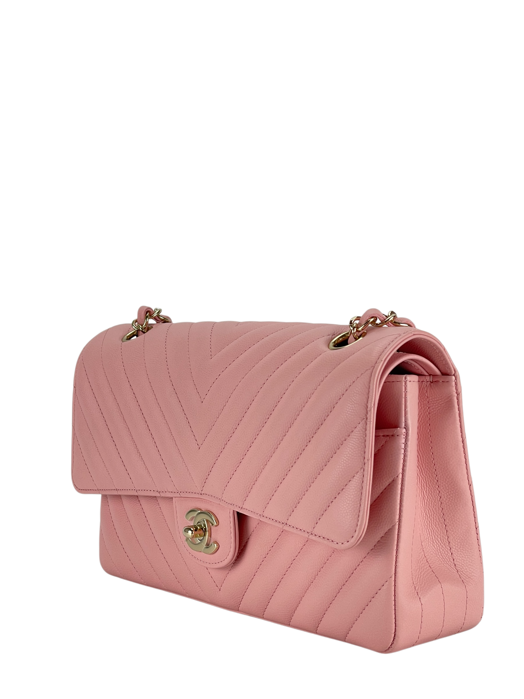 CHANEL - Chevron Quilted Small Double Flap Pink Caviar