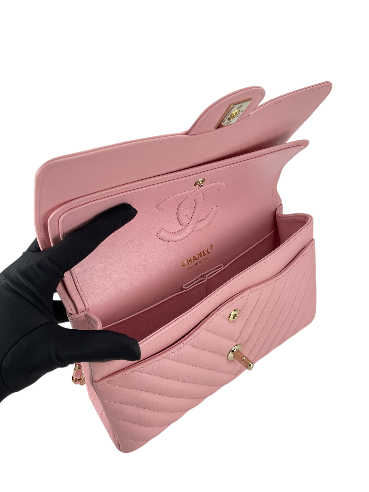 CHANEL - Chevron Quilted Small Double Flap Pink Caviar