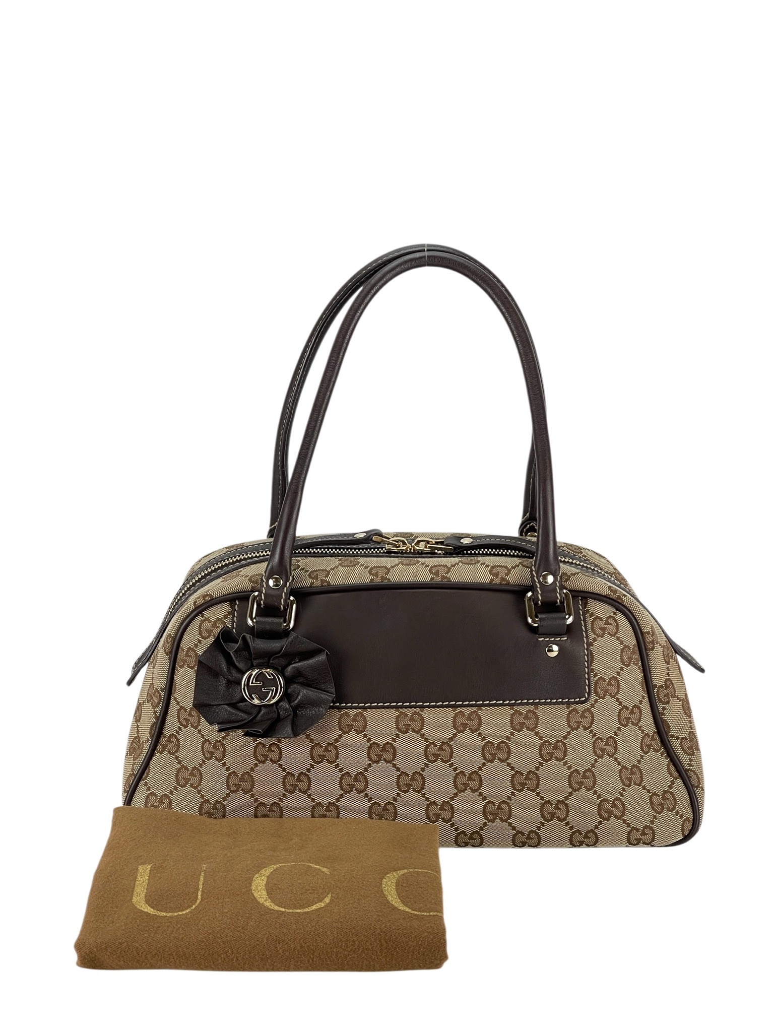 GUCCI - Beige Brown GG Canvas Trophy Boston Handbag