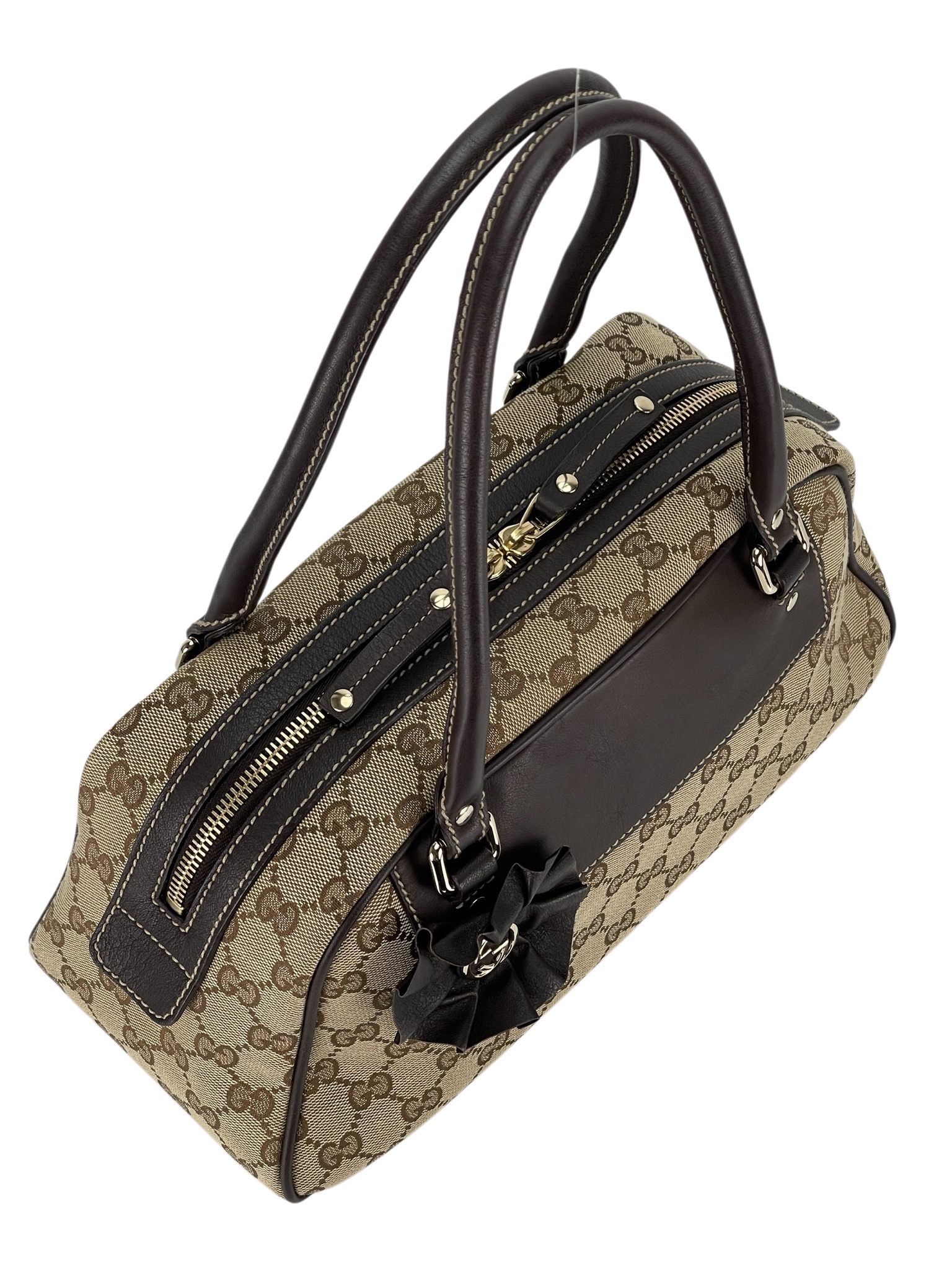 GUCCI - Beige Brown GG Canvas Trophy Boston Handbag