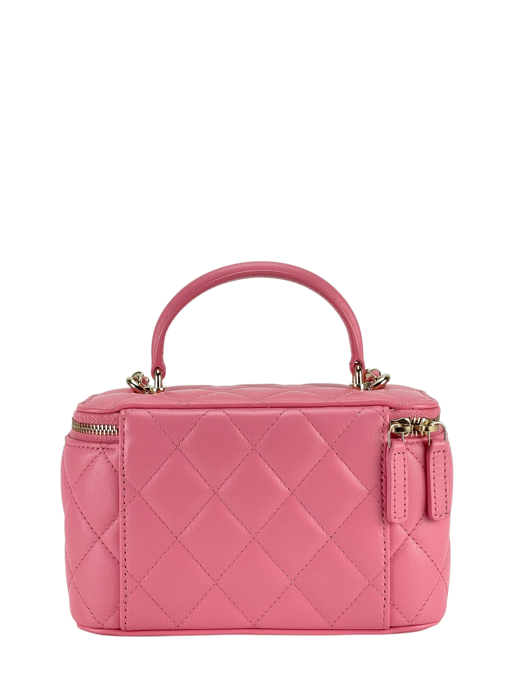 CHANEL -  Pink Quilted Lambskin Handle Vanity Case with Chain