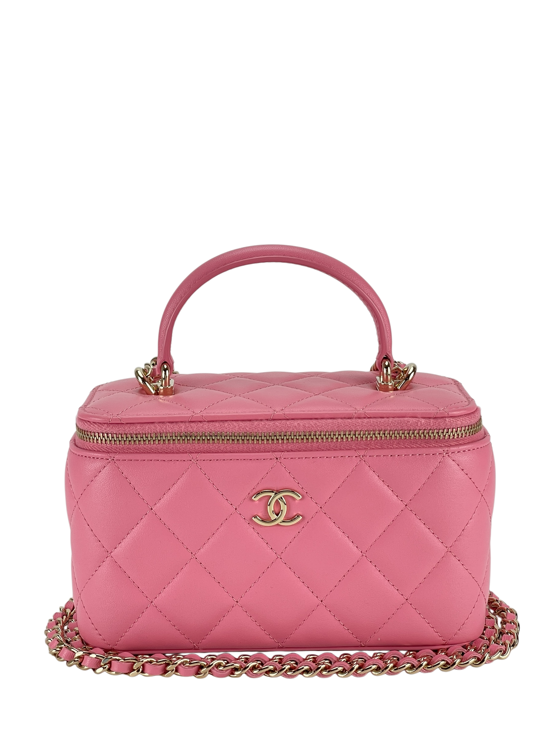 CHANEL -  Pink Quilted Lambskin Handle Vanity Case with Chain