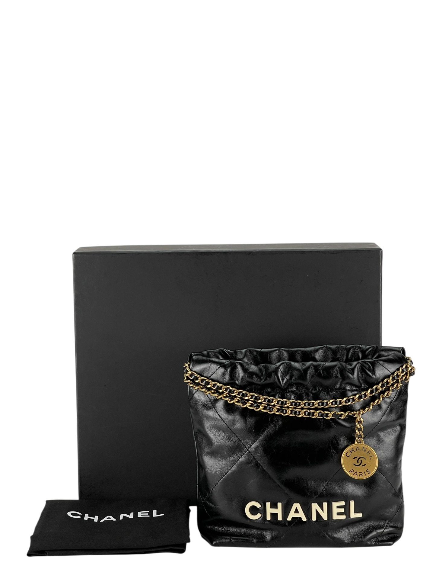 CHANEL - Mini 22 Bag Black Calfskin White logo