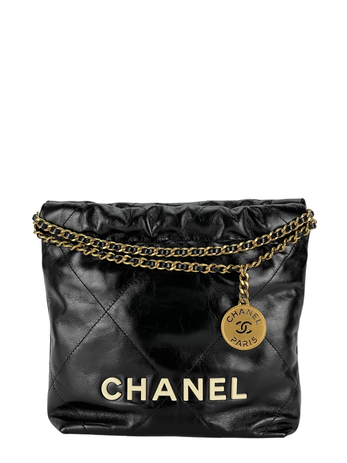 CHANEL - Mini 22 Bag Black Calfskin White logo