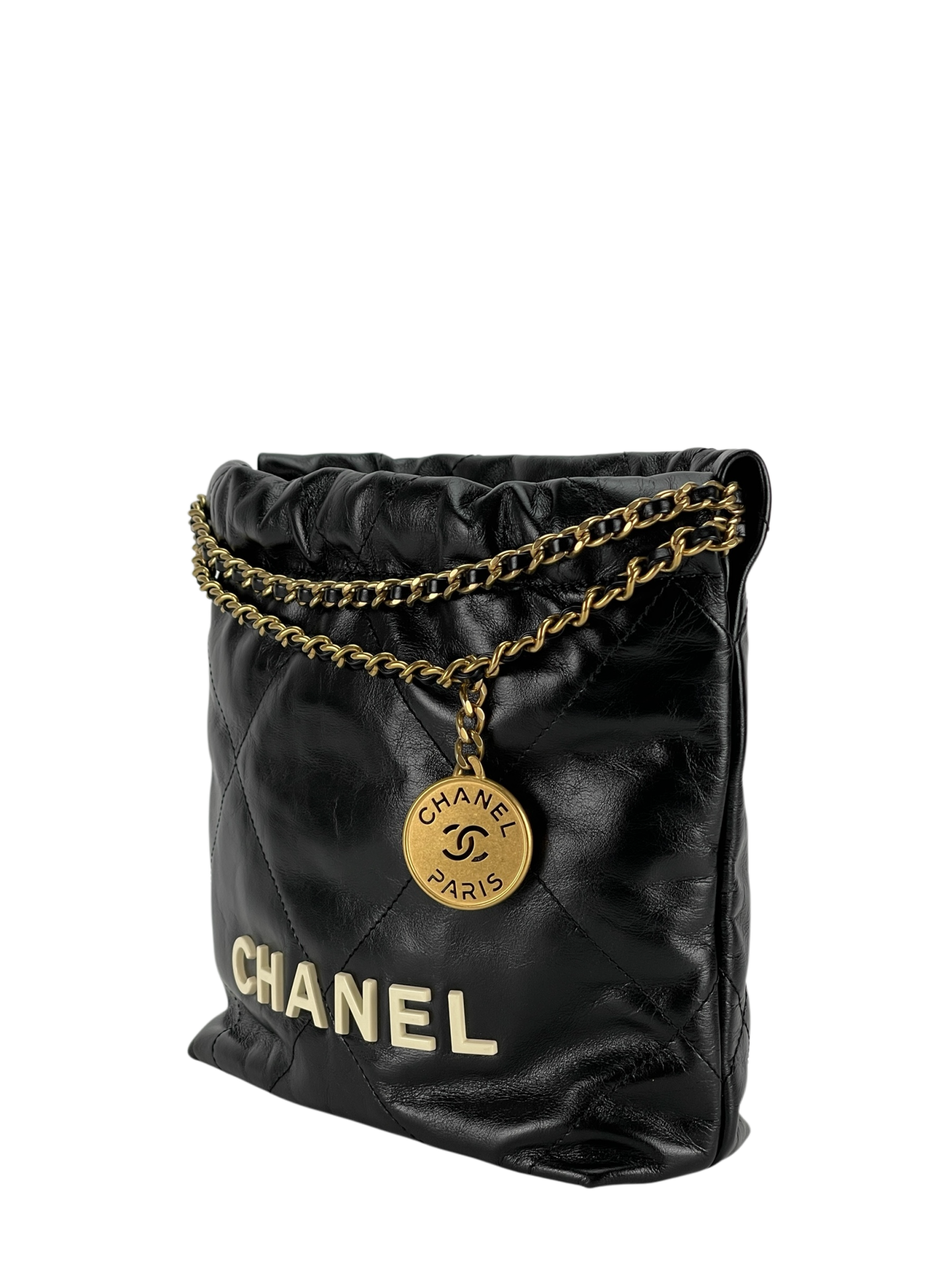 CHANEL - Mini 22 Bag Black Calfskin White logo
