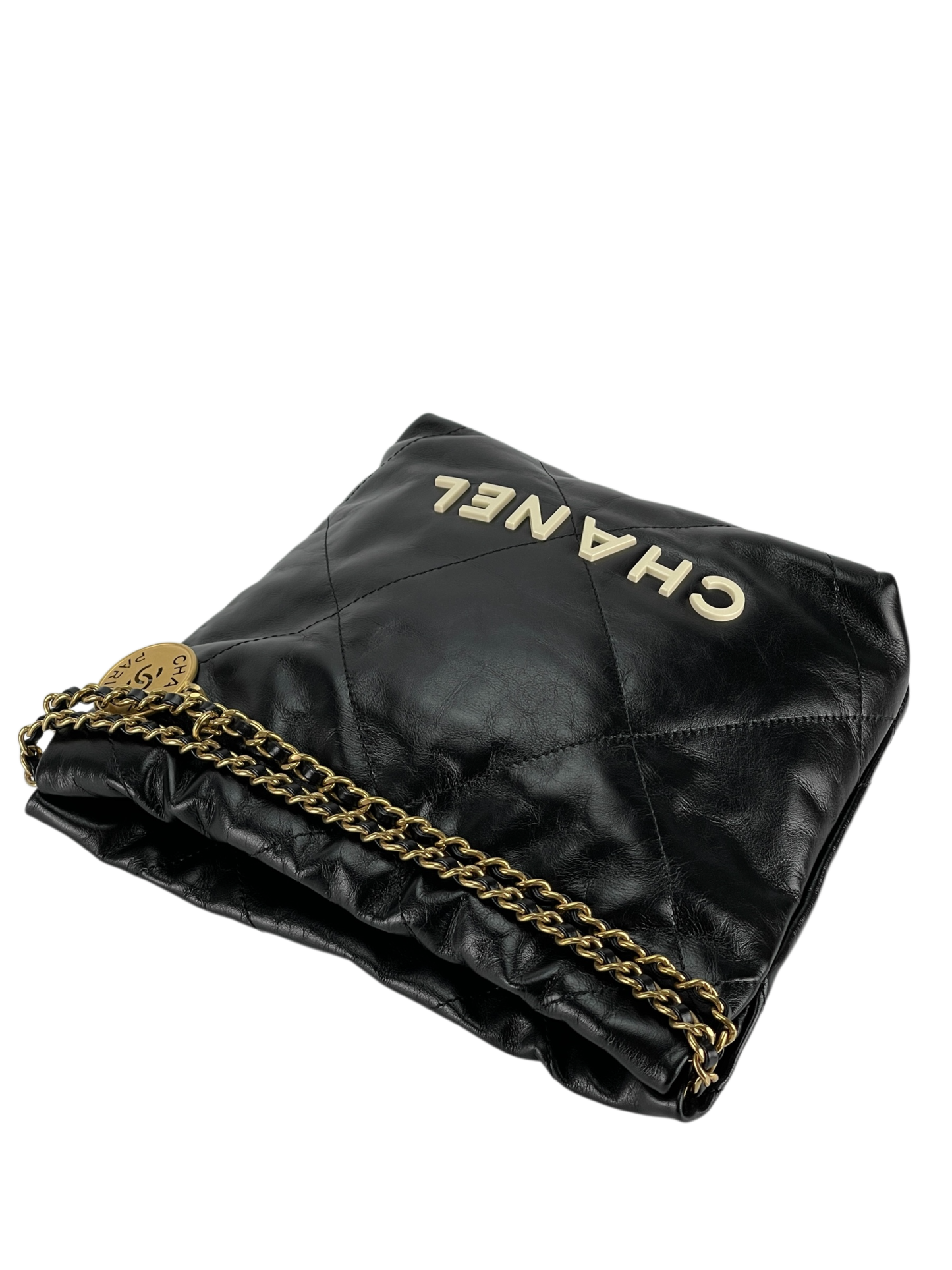 CHANEL - Mini 22 Bag Black Calfskin White logo