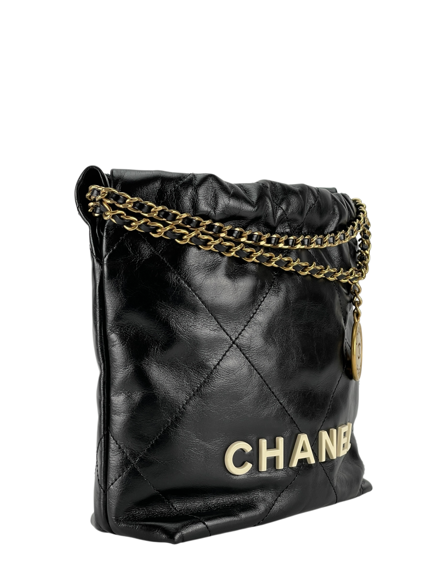 CHANEL - Mini 22 Bag Black Calfskin White logo