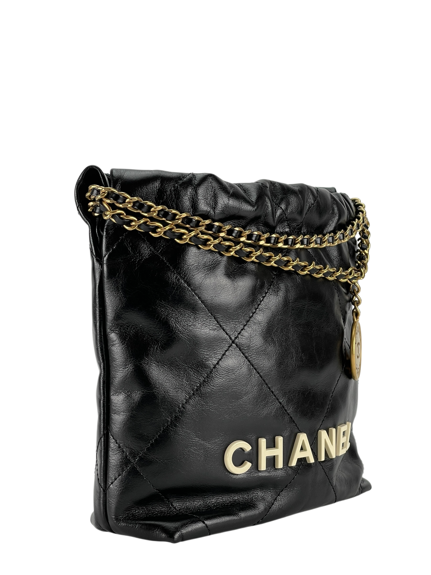CHANEL - Mini 22 Bag Black Calfskin White logo