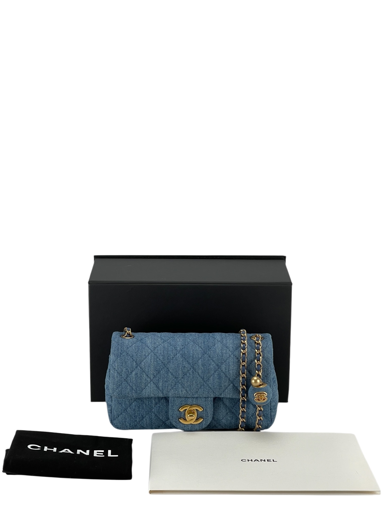 CHANEL - Quilted Mini Denim Rectangular Flap Blue Gold Ball