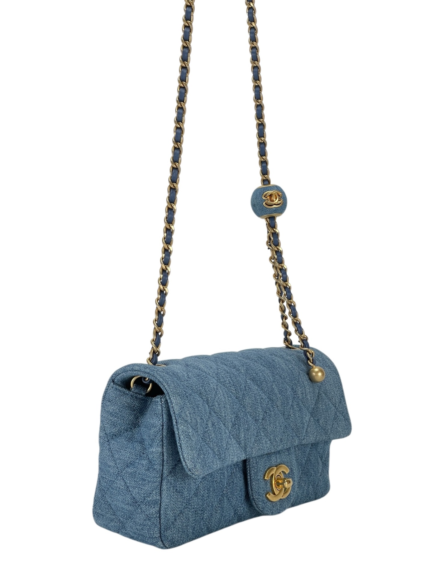 CHANEL - Quilted Mini Denim Rectangular Flap Blue Gold Ball