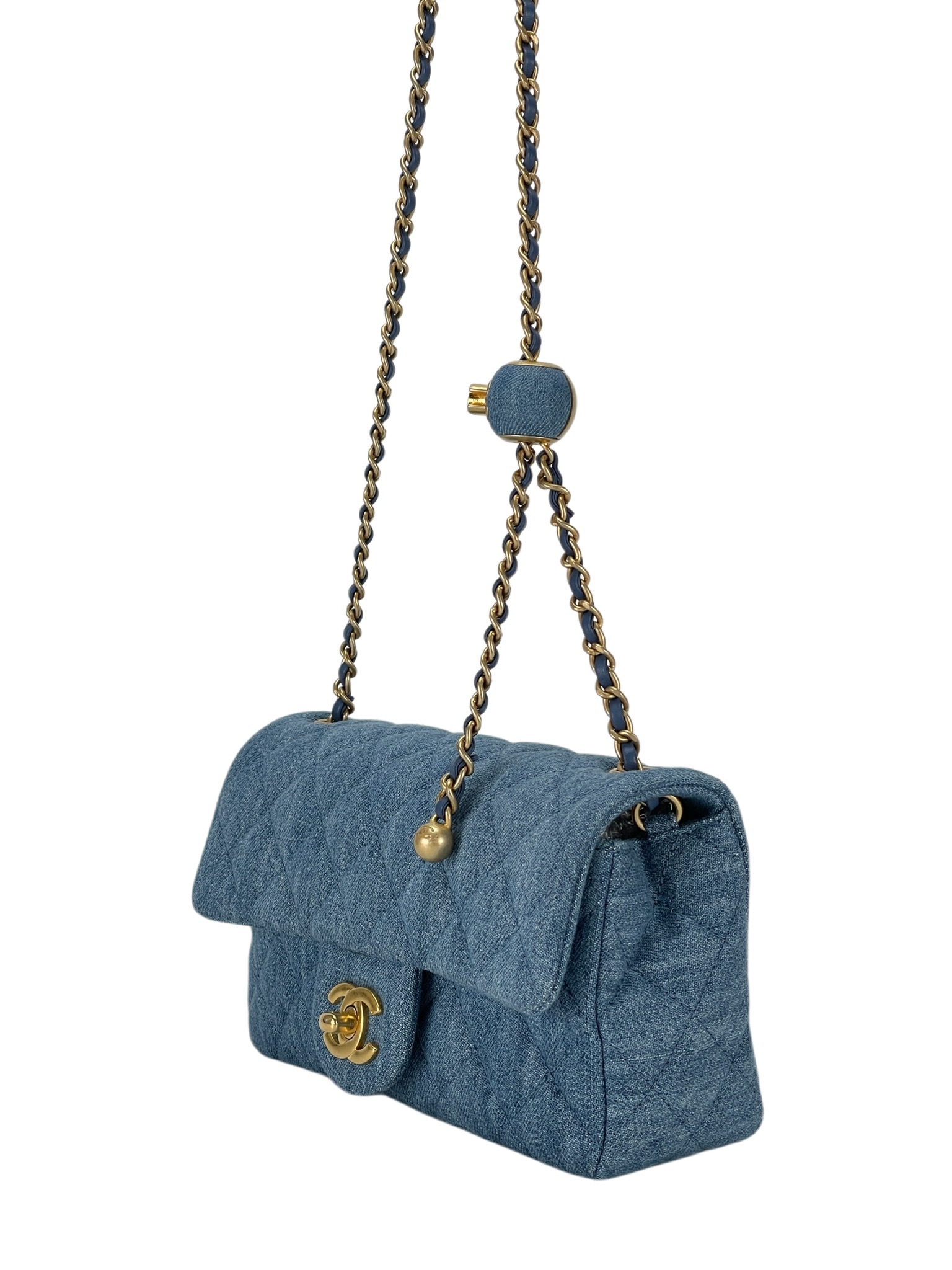 CHANEL - Quilted Mini Denim Rectangular Flap Blue Gold Ball