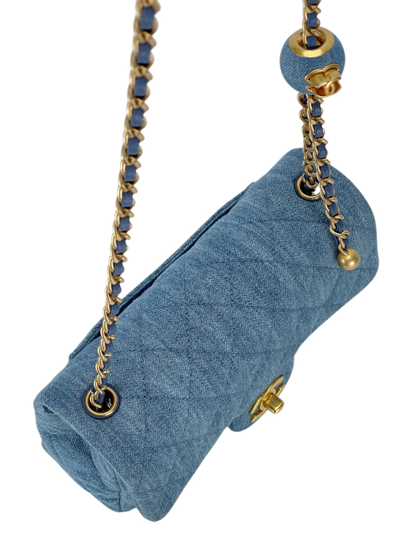 CHANEL - Quilted Mini Denim Rectangular Flap Blue Gold Ball