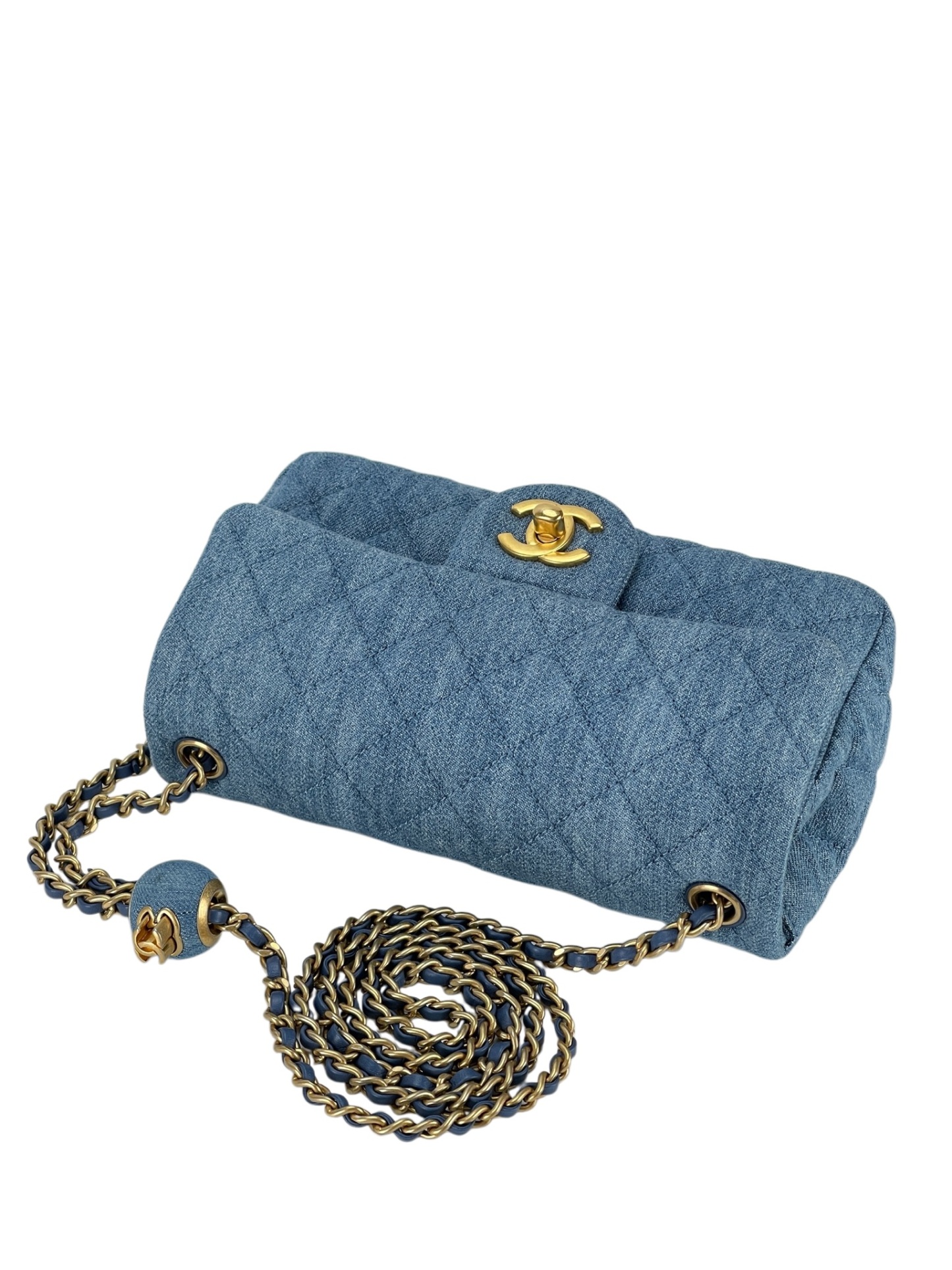 CHANEL - Quilted Mini Denim Rectangular Flap Blue Gold Ball