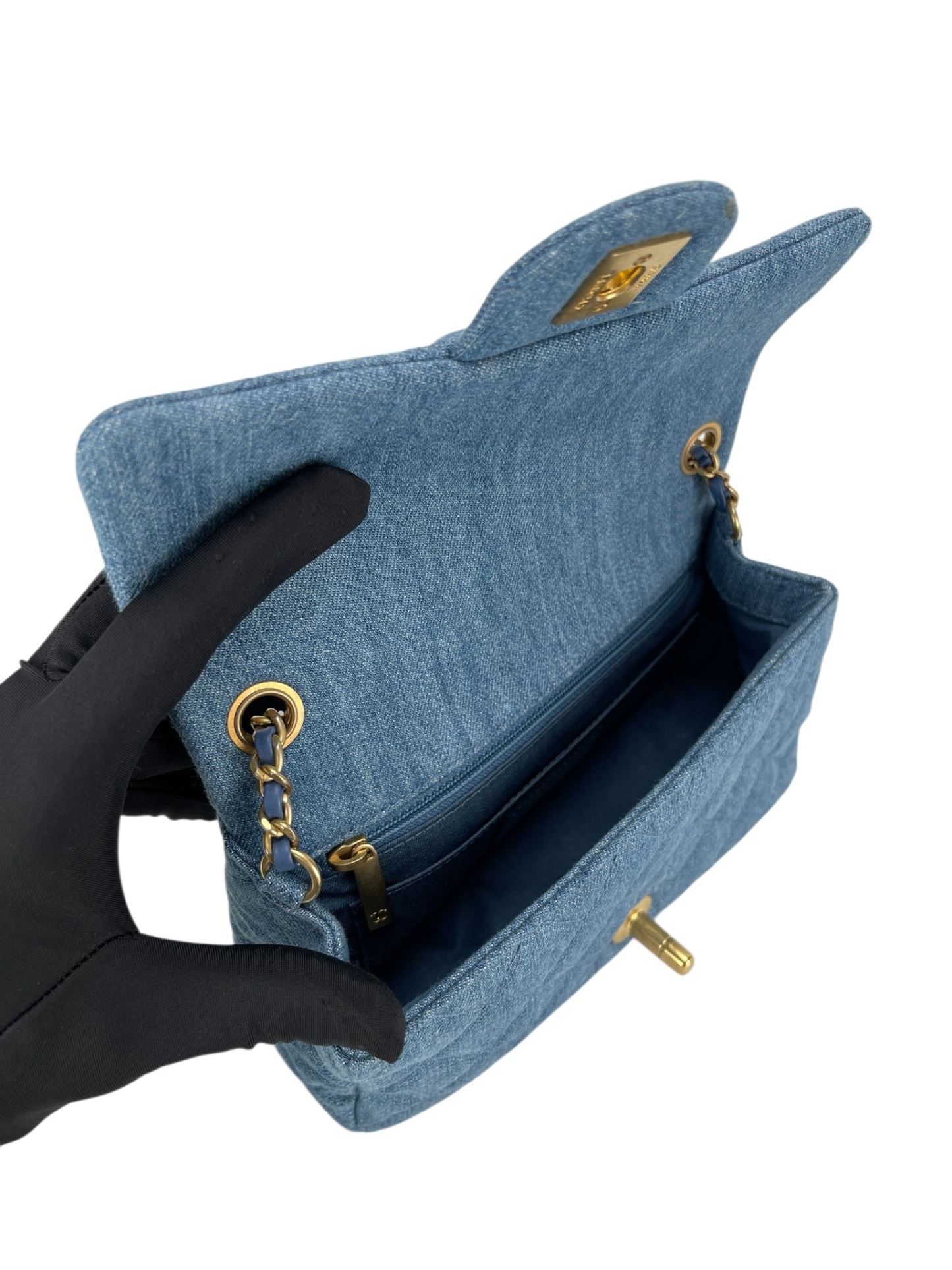 CHANEL - Quilted Mini Denim Rectangular Flap Blue Gold Ball