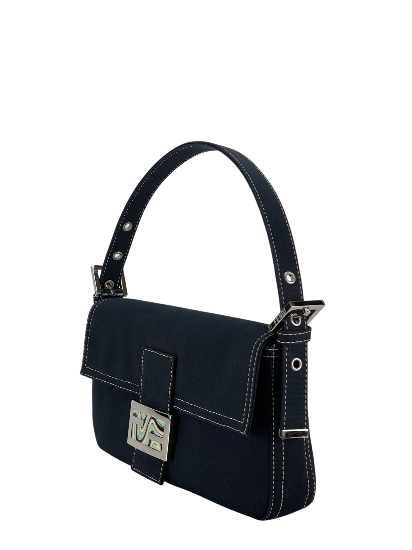 FENDI - Navy Canvas Mamma Baguette silver-tone hardware HandBag
