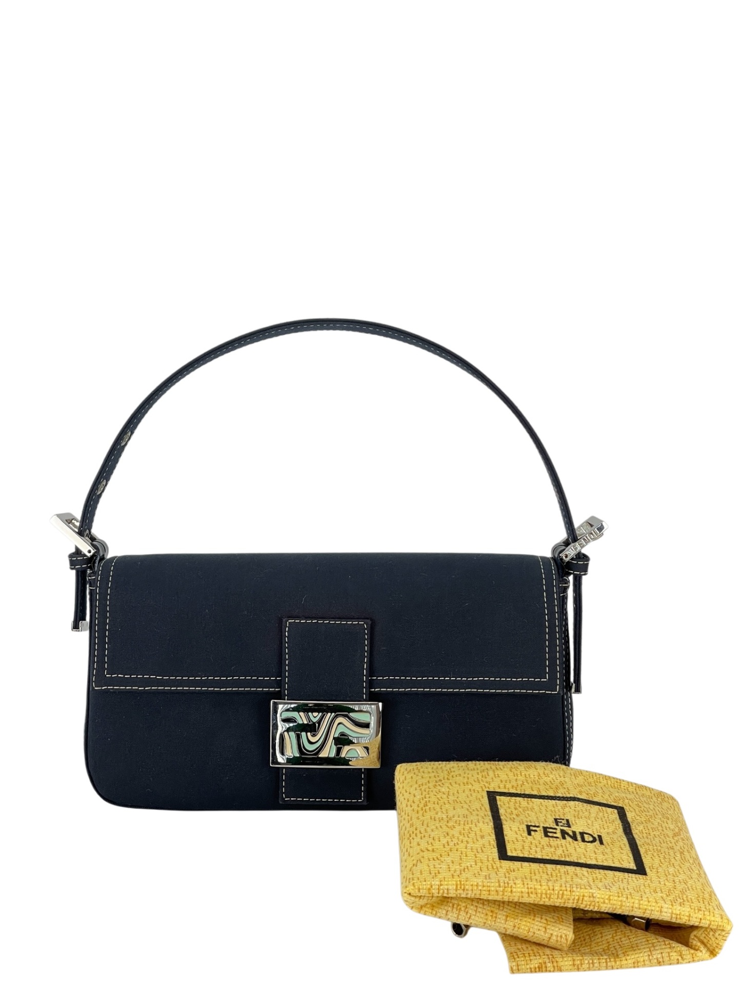 FENDI - Navy Canvas Mamma Baguette silver-tone hardware HandBag