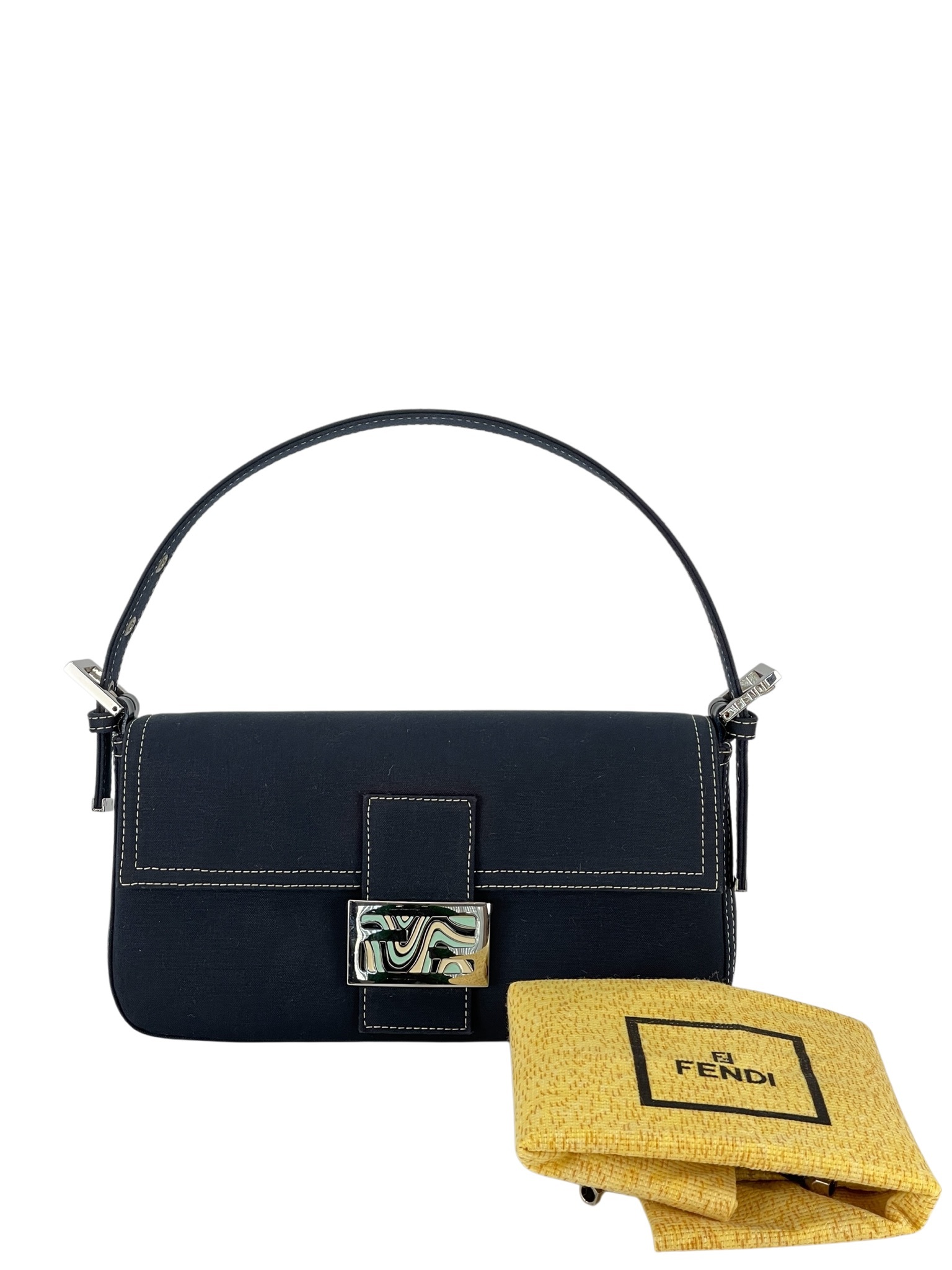 FENDI - Navy Canvas Mamma Baguette silver-tone hardware HandBag