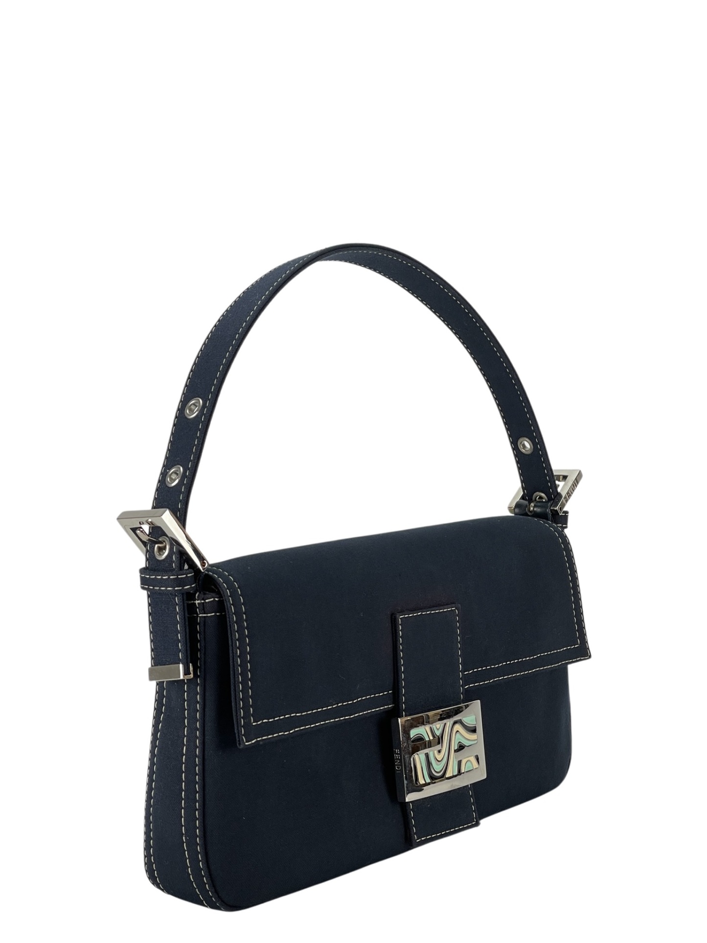 FENDI - Navy Canvas Mamma Baguette silver-tone hardware HandBag