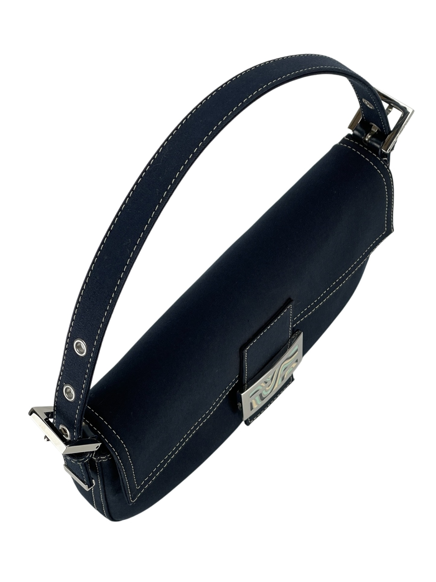 FENDI - Navy Canvas Mamma Baguette silver-tone hardware HandBag