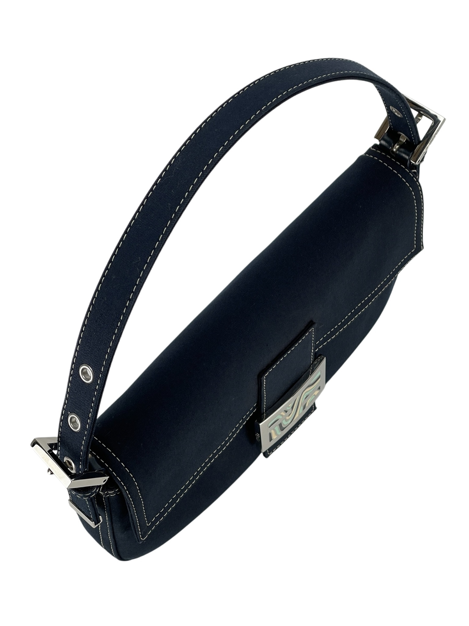 FENDI - Navy Canvas Mamma Baguette silver-tone hardware HandBag