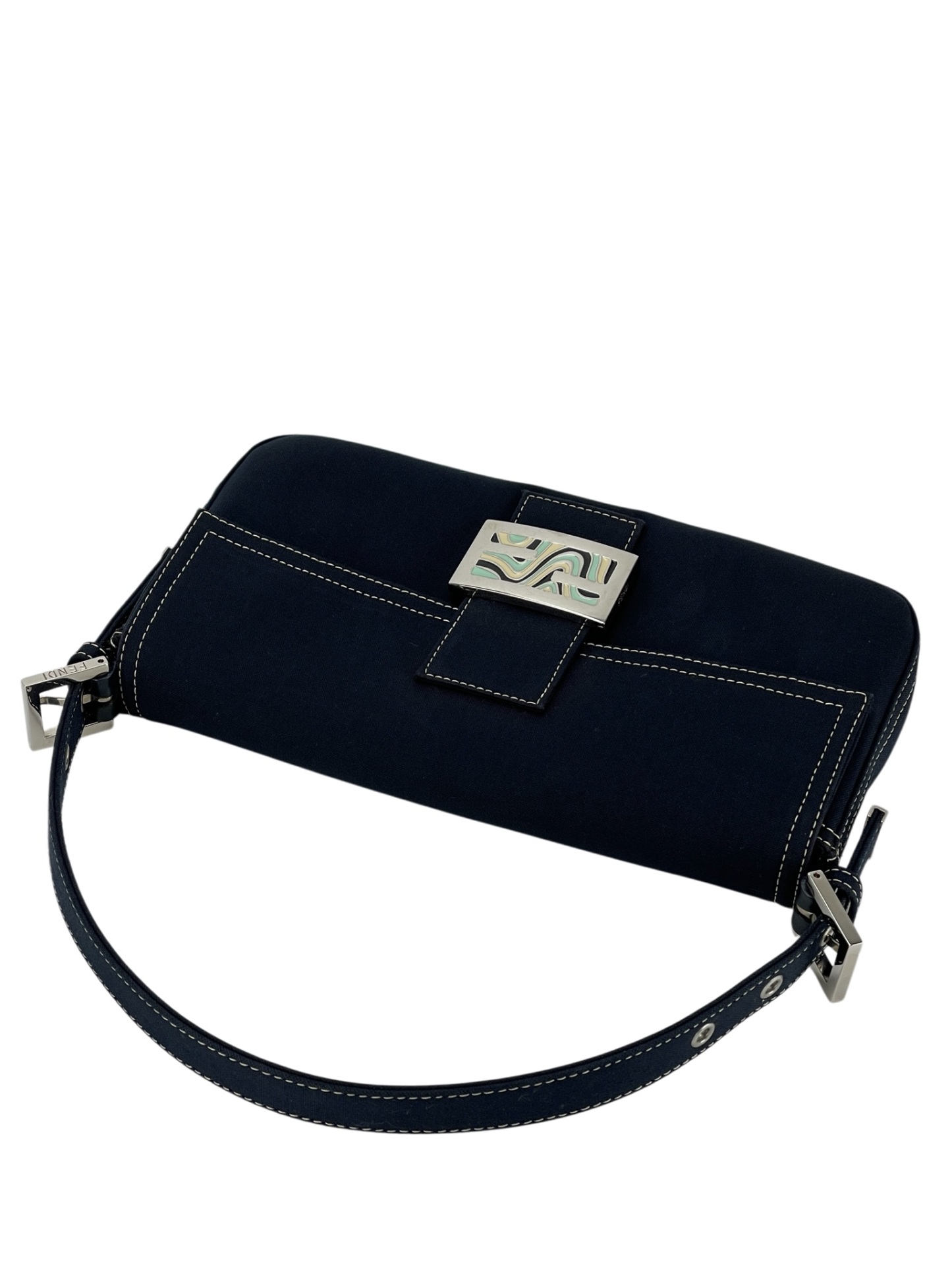 FENDI - Navy Canvas Mamma Baguette silver-tone hardware HandBag
