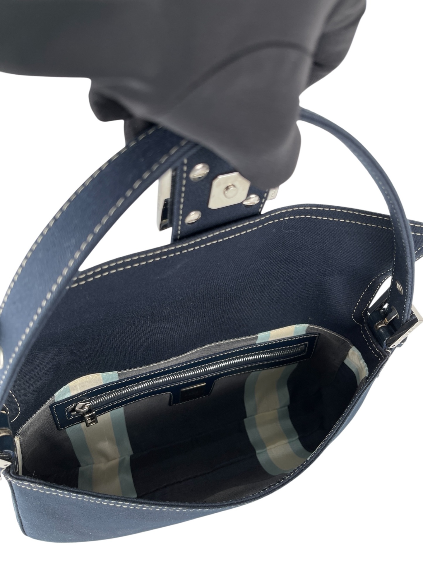 FENDI - Navy Canvas Mamma Baguette silver-tone hardware HandBag